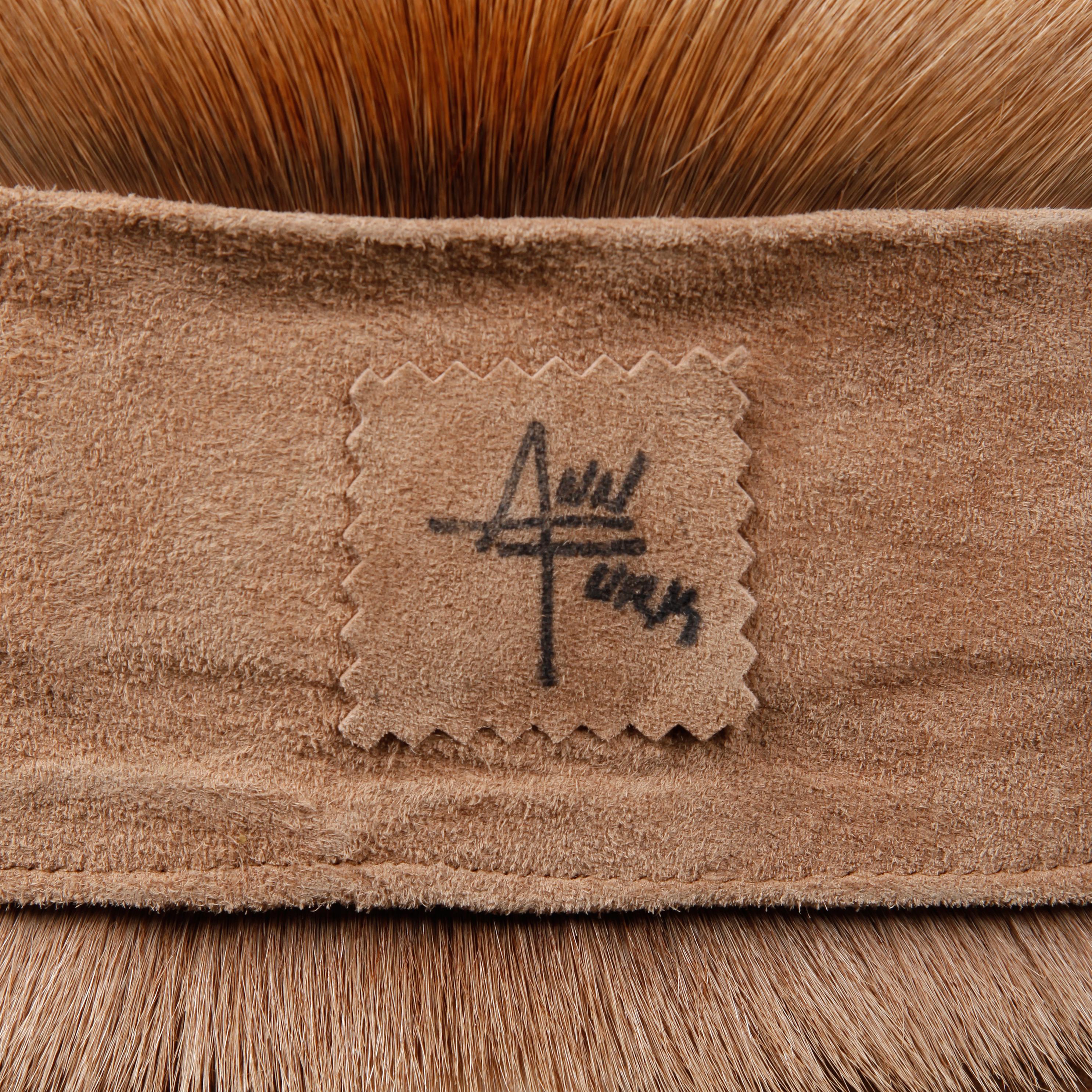 Rare Ann Turk vintage genuine fur and suede leather belt or sash with an Ann Turk signature on the back of the belt. Unlined with rear tie closure. The width at the center of the belt is 6