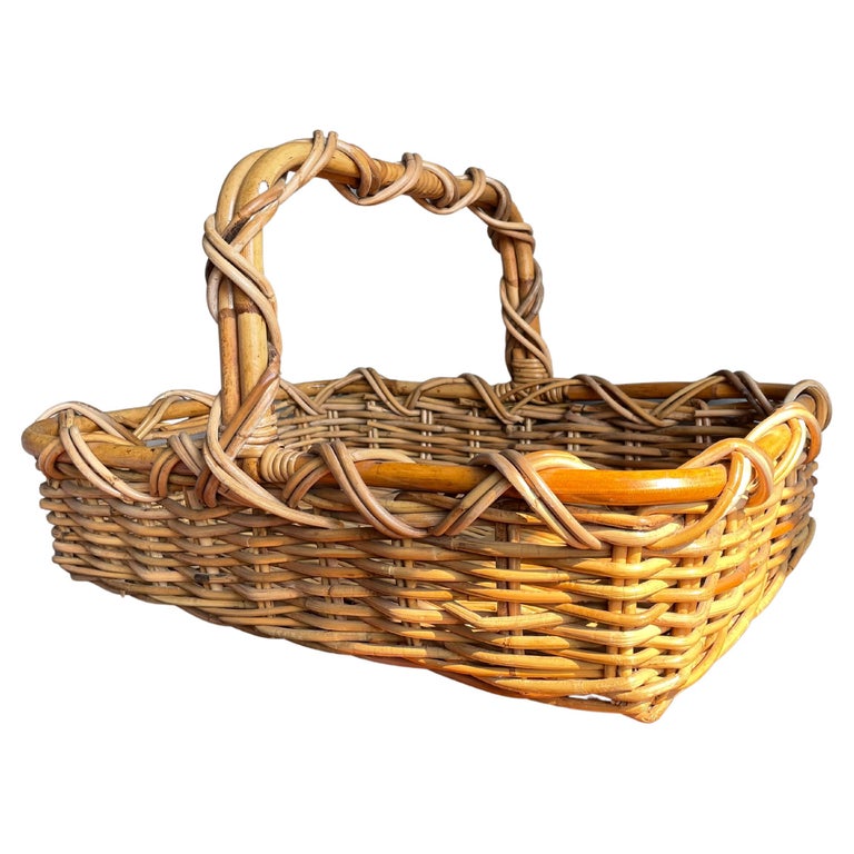 Rare Handwoven MidCentury Rattan Basket for Kitchen Fruit and Bakery