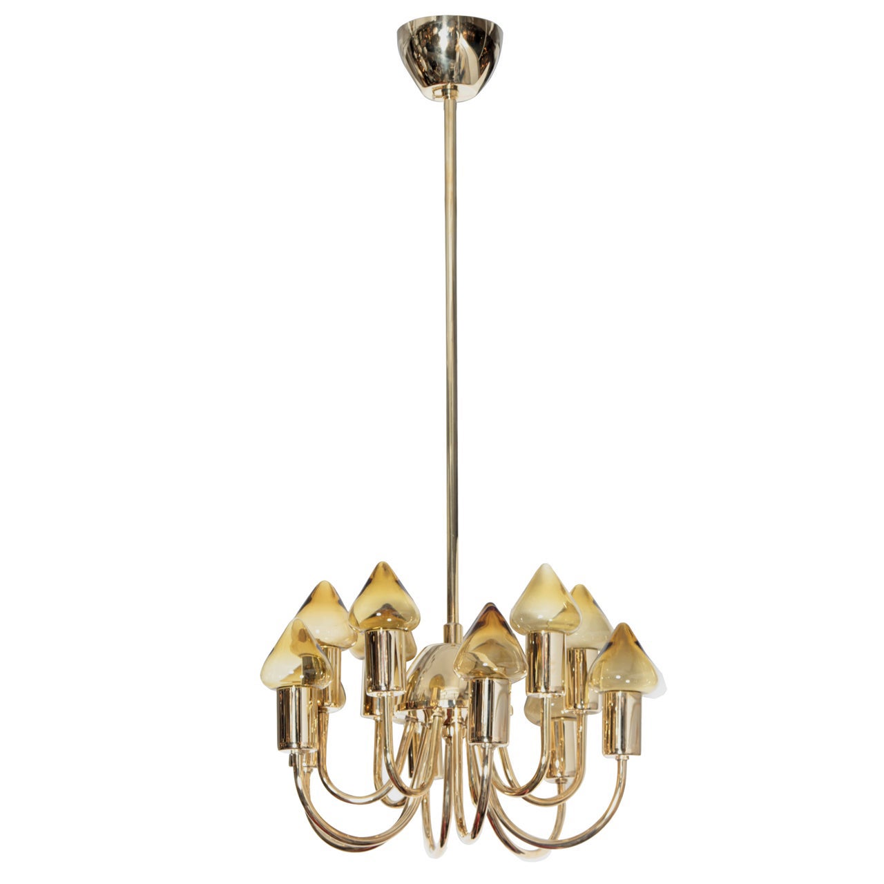 Rare Hans Agne Jakobsson Brass and Amber Glass Chandelier