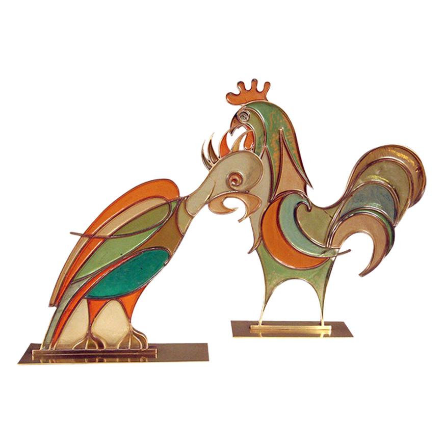Rare Hans Hagenauer Rooster and Parrot Figures For Sale