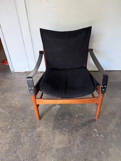 Rare Hans Olsen black suede leather safari lounge Antelope chair