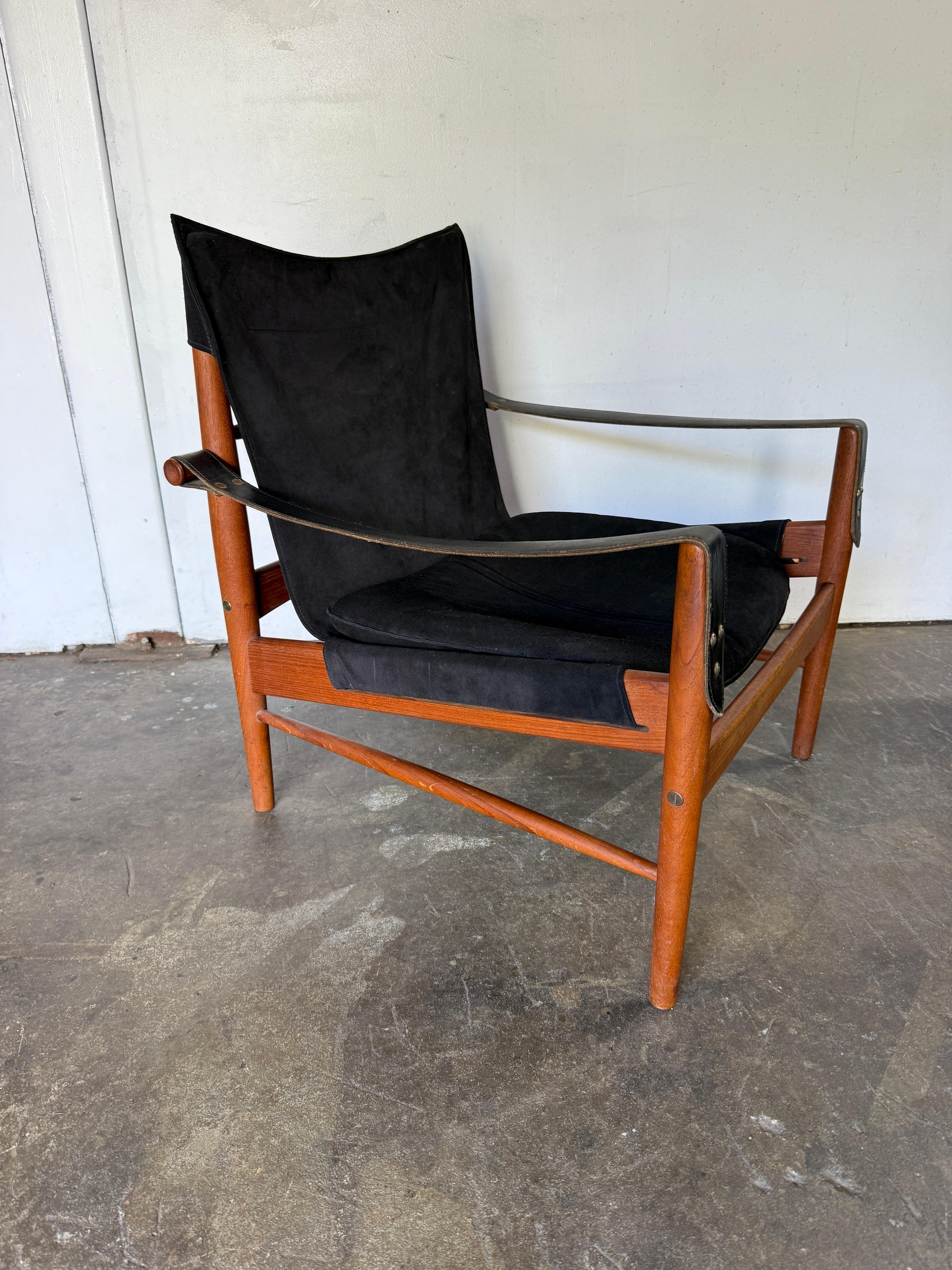Scandinavian Modern Rare Hans Olsen black suede leather safari lounge Antelope chair For Sale