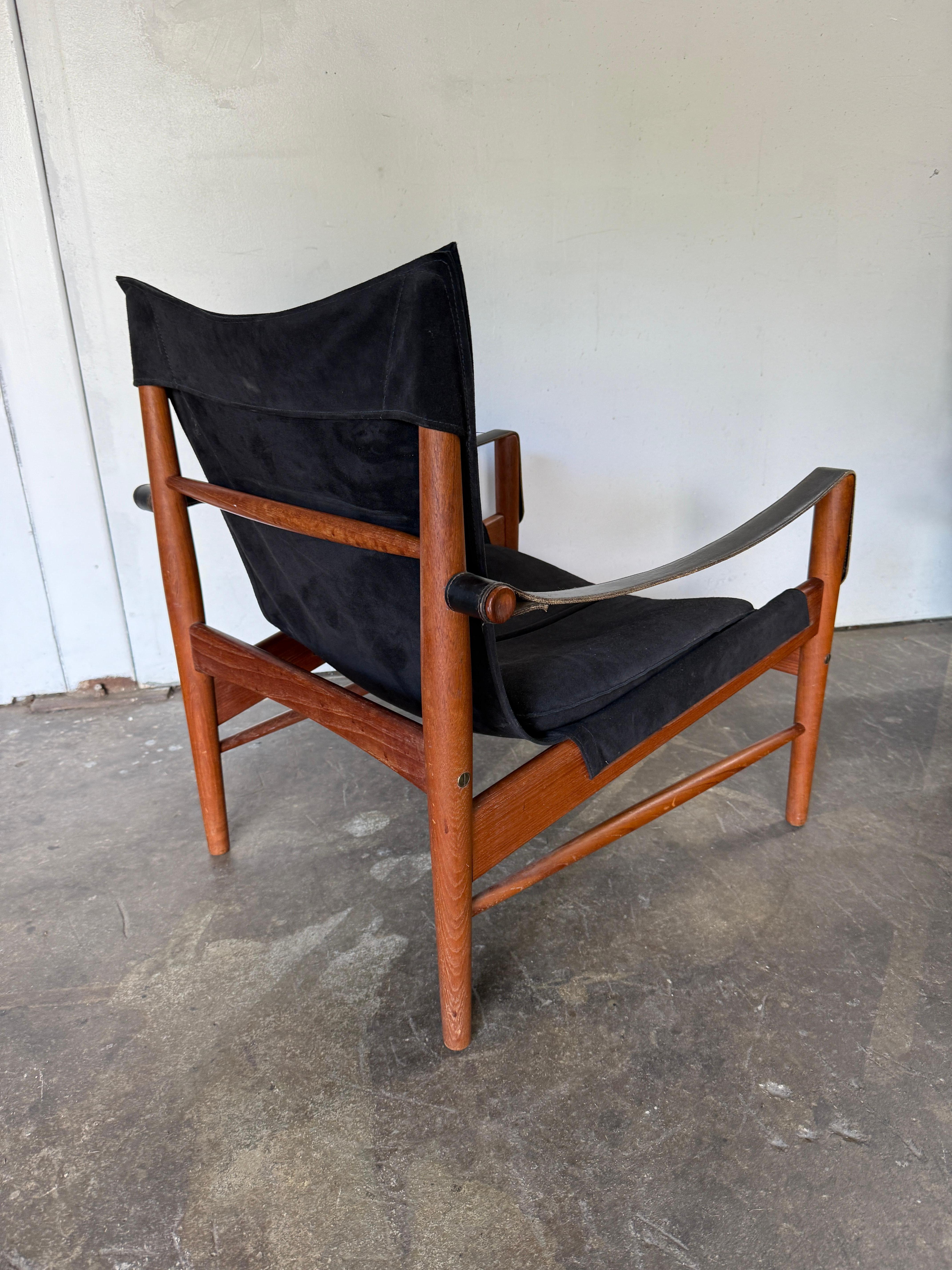 Danish Rare Hans Olsen black suede leather safari lounge Antelope chair For Sale