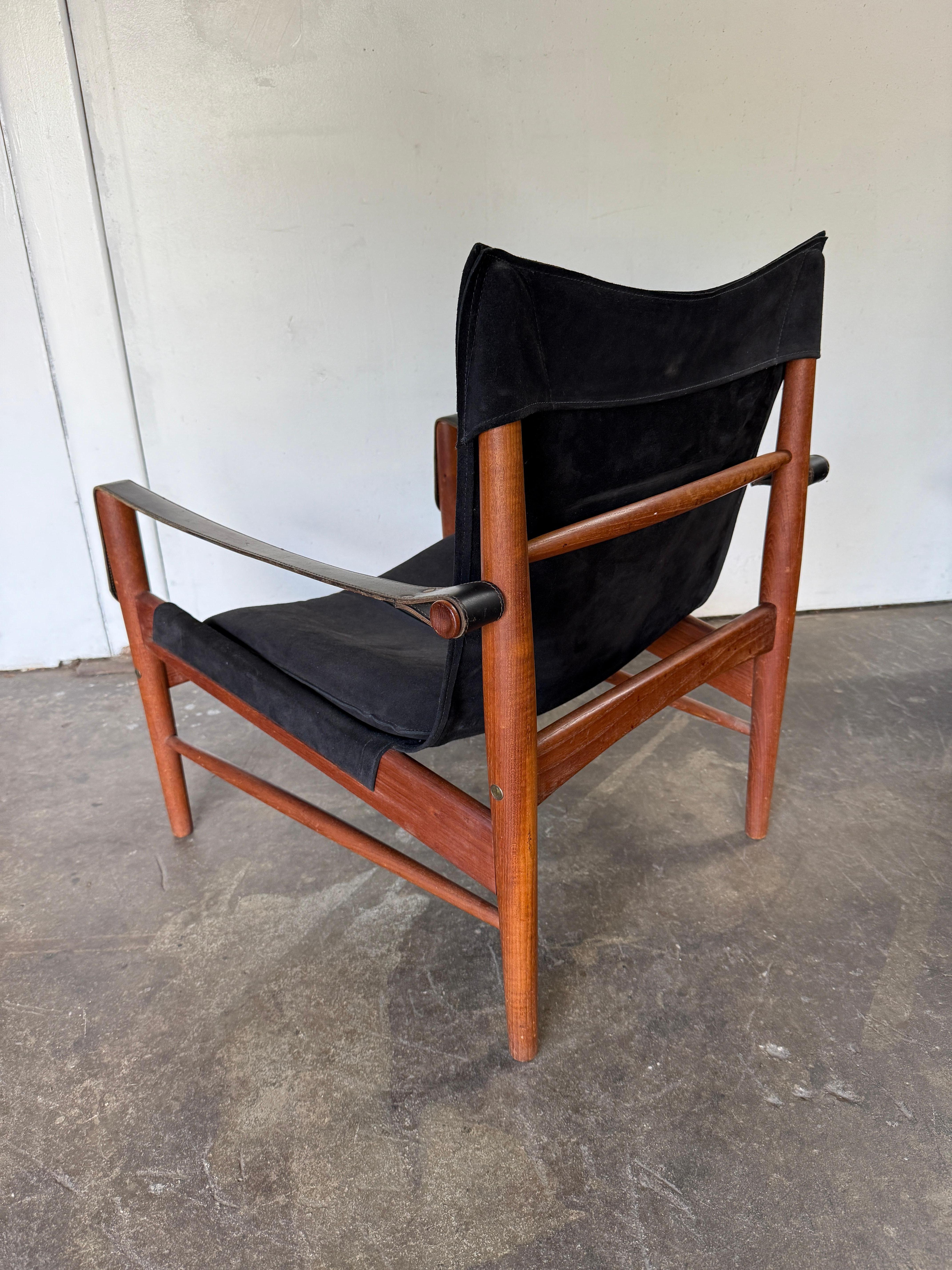 Woodwork Rare Hans Olsen black suede leather safari lounge Antelope chair For Sale