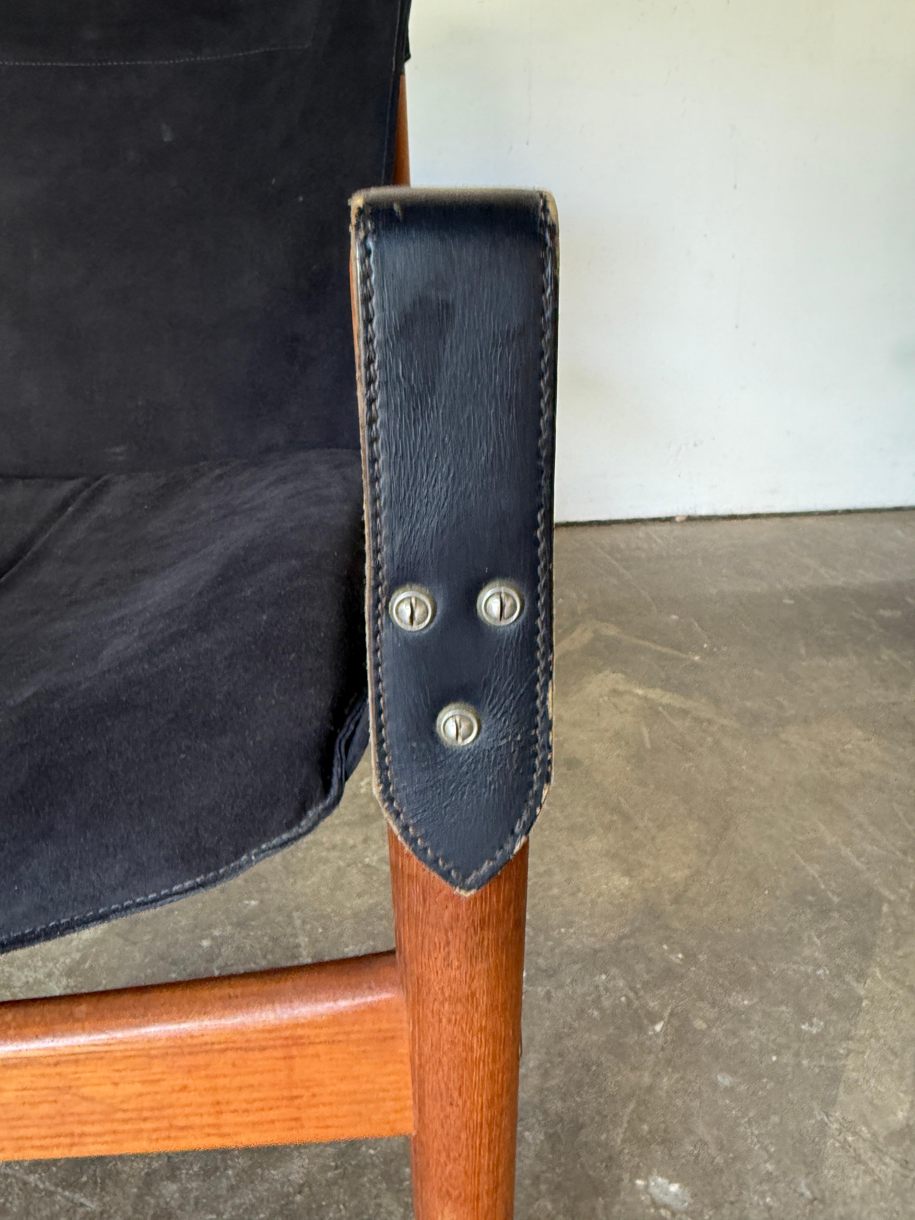 Brass Rare Hans Olsen black suede leather safari lounge Antelope chair For Sale