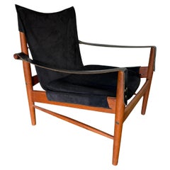 Rare Hans Olsen black suede leather safari lounge Antelope chair