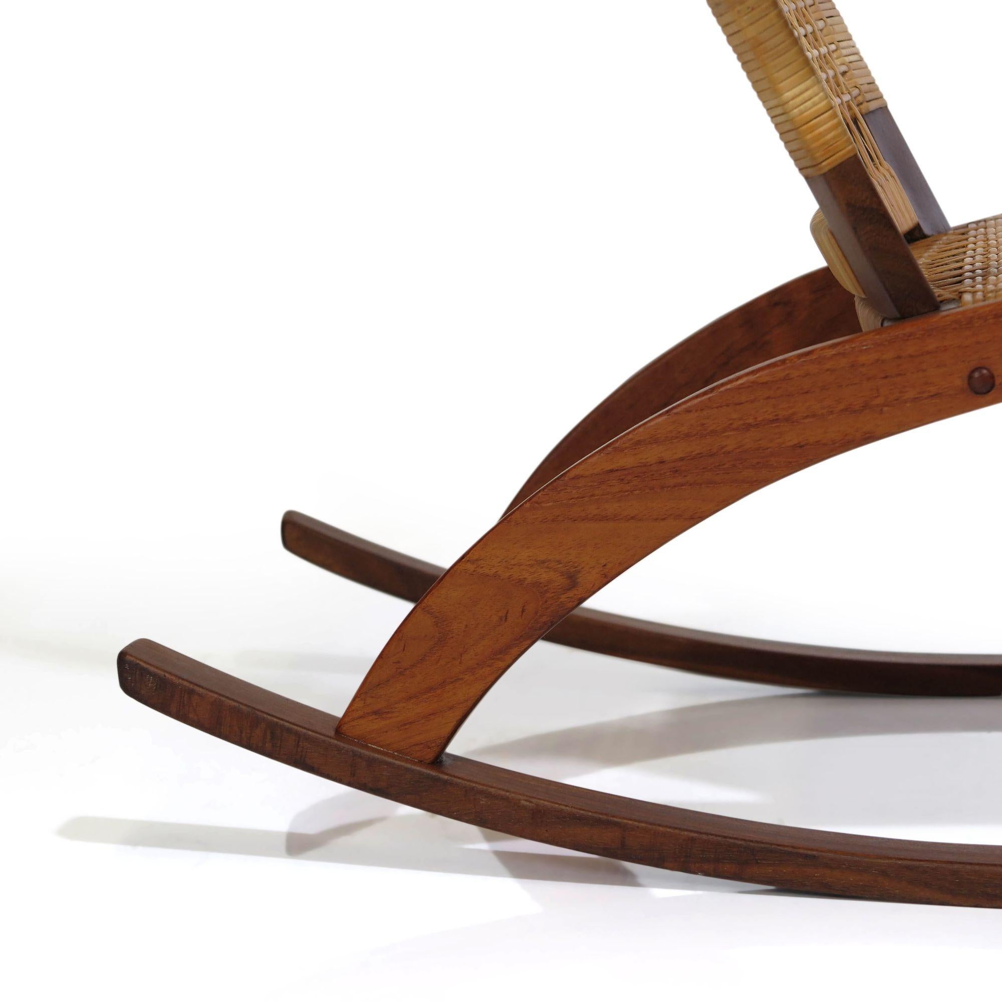 Oiled Rare Hans Olsen for Juul Kristensen Teak Cane Rocking Chair For Sale