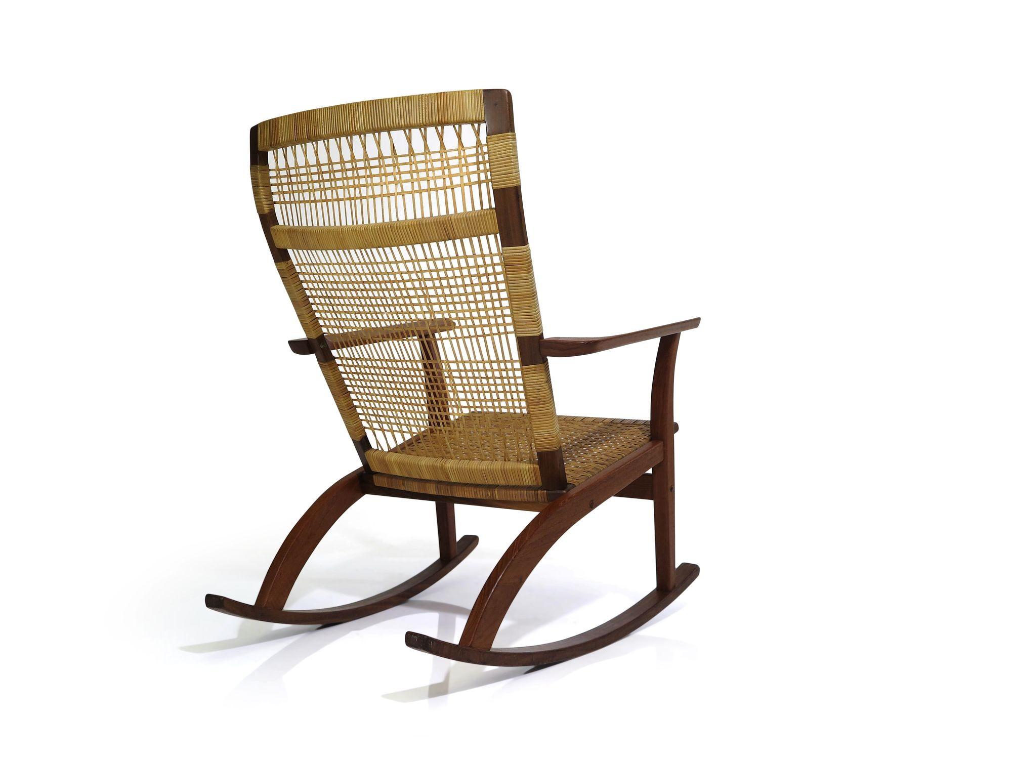 20th Century Rare Hans Olsen for Juul Kristensen Teak Cane Rocking Chair For Sale