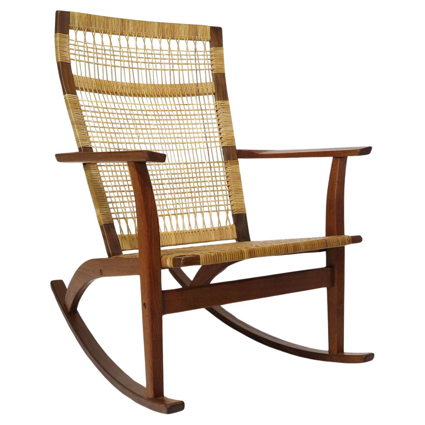 Rare Hans Olsen for Juul Kristensen Teak Cane Rocking Chair For Sale