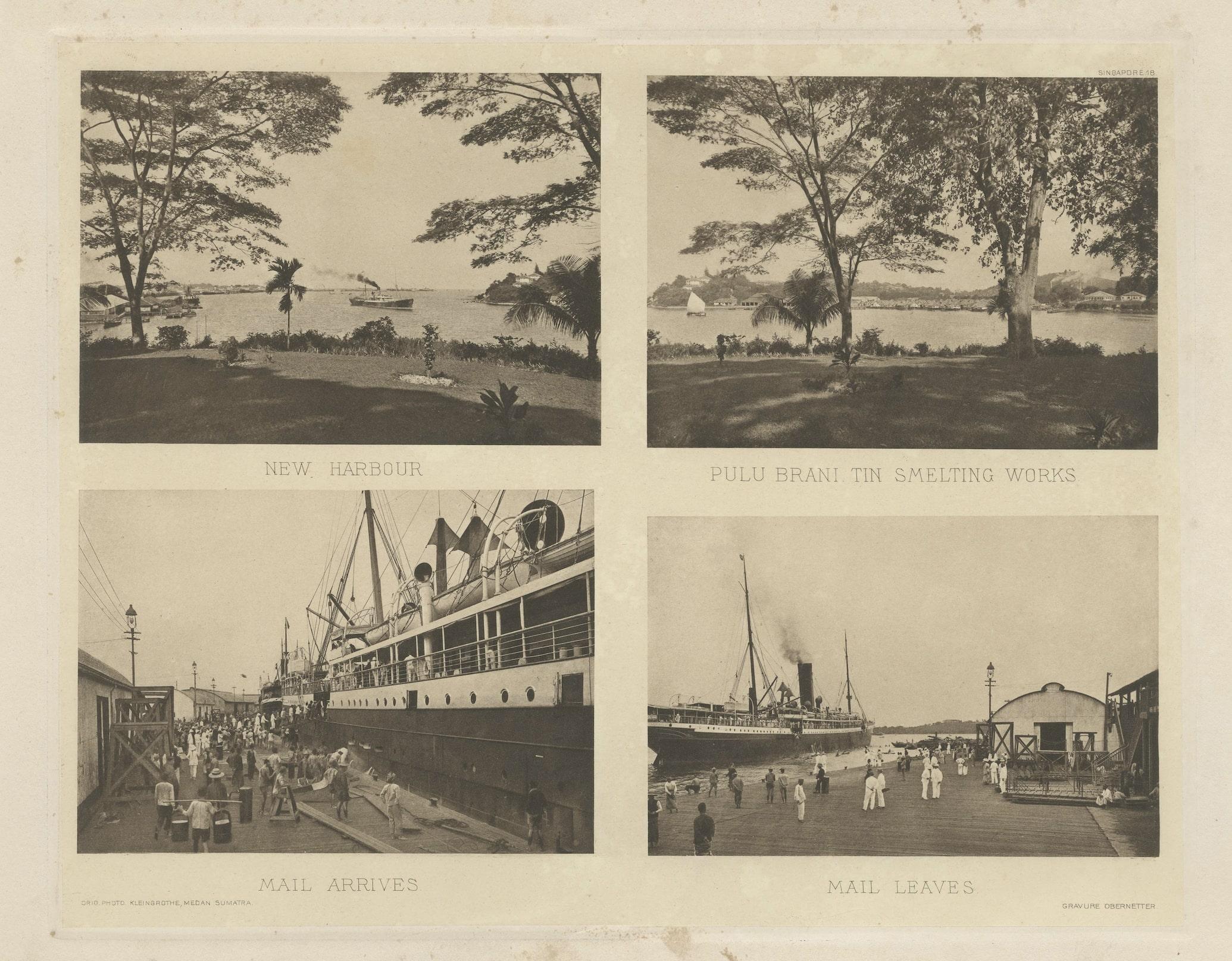 Original antique images of Singapore of the early 20th century. Very rare.

1) New Harbour
2) Pulu Brani Tin Smelting Works
3) Mail Arrives
4) Mail Leaves

This rare and original heliograph of is ideal for framing as the image is sharp and