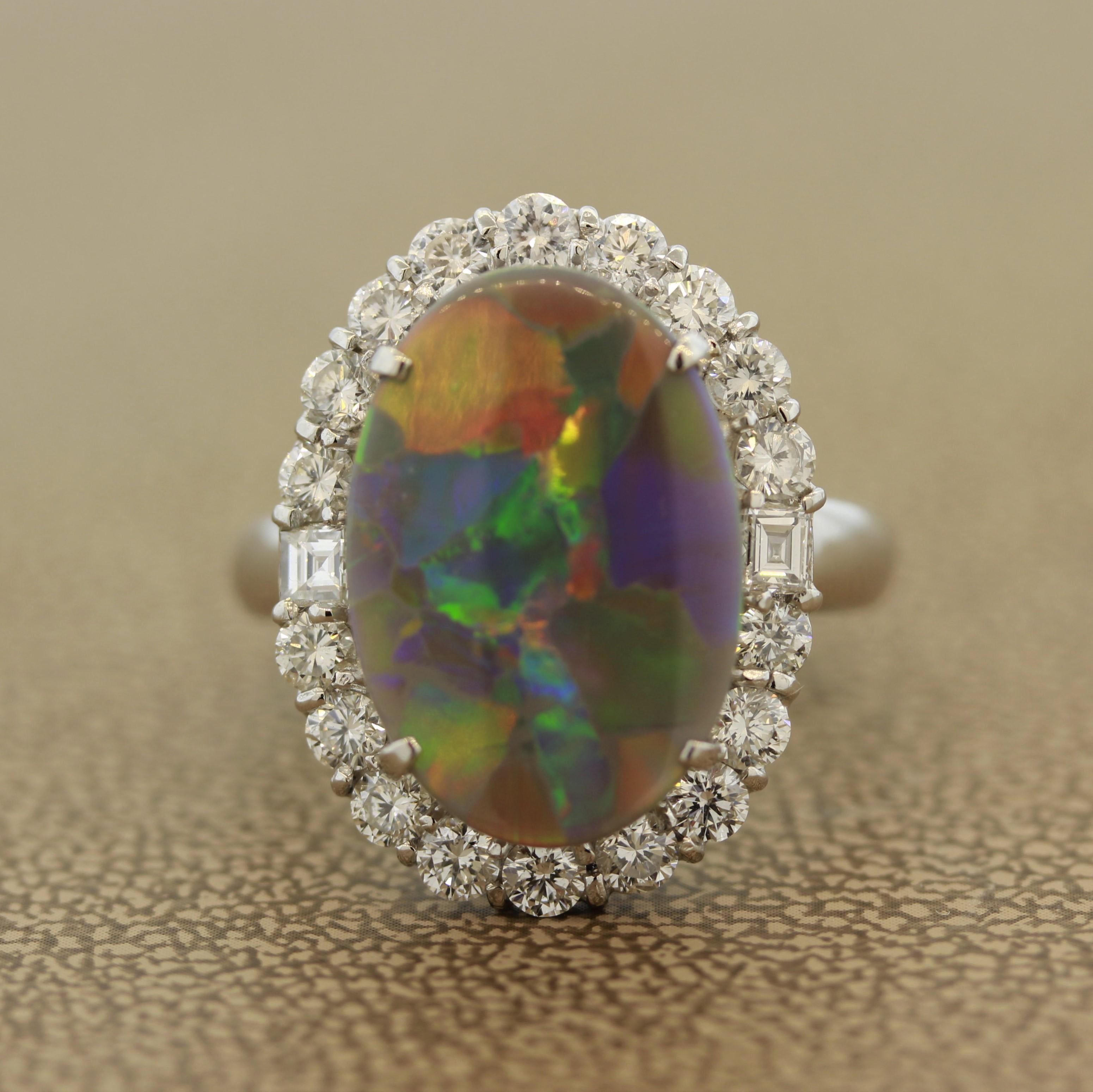 A harlequin pattern is rarely found in opal and is highly prized in the opal community from dealers to collectors. It has a repeating mosaic-like pattern that showcases the opals play of color. In this fine example from Lightning Ridge Australia, we