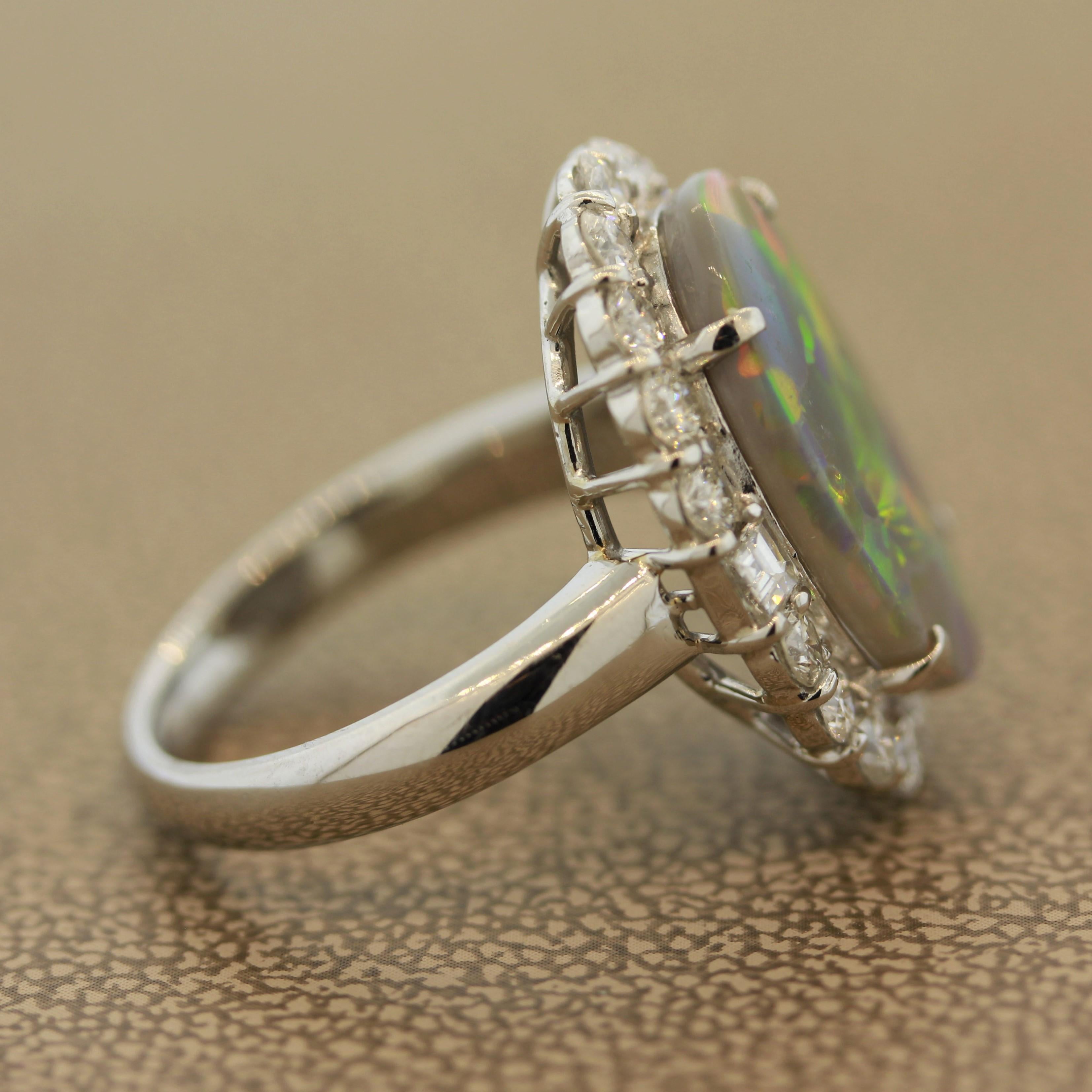 Oval Cut Rare Harlequin Australian Opal Diamond Platinum Ring