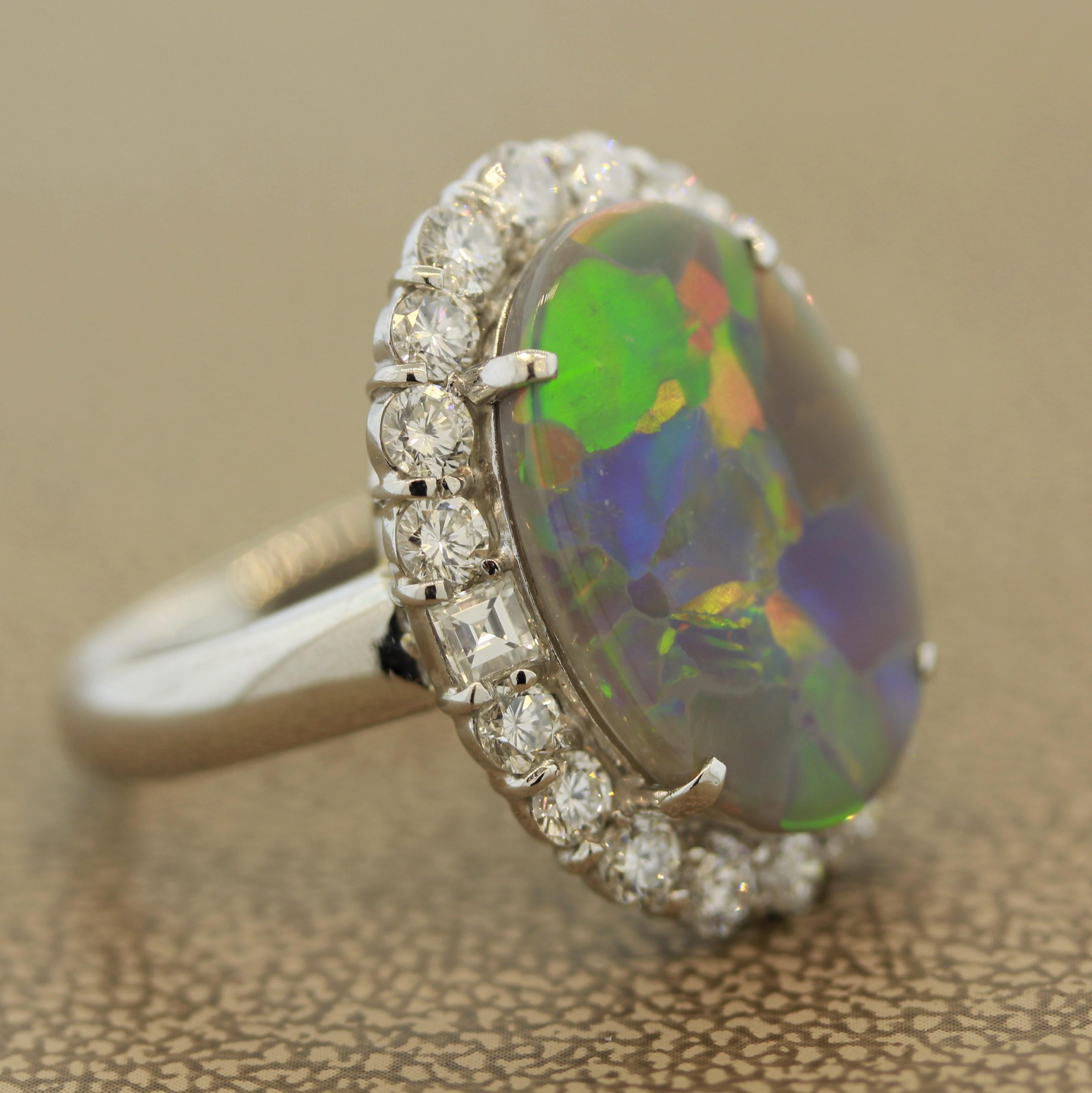 Rare Harlequin Australian Opal Diamond Platinum Ring In New Condition In Beverly Hills, CA