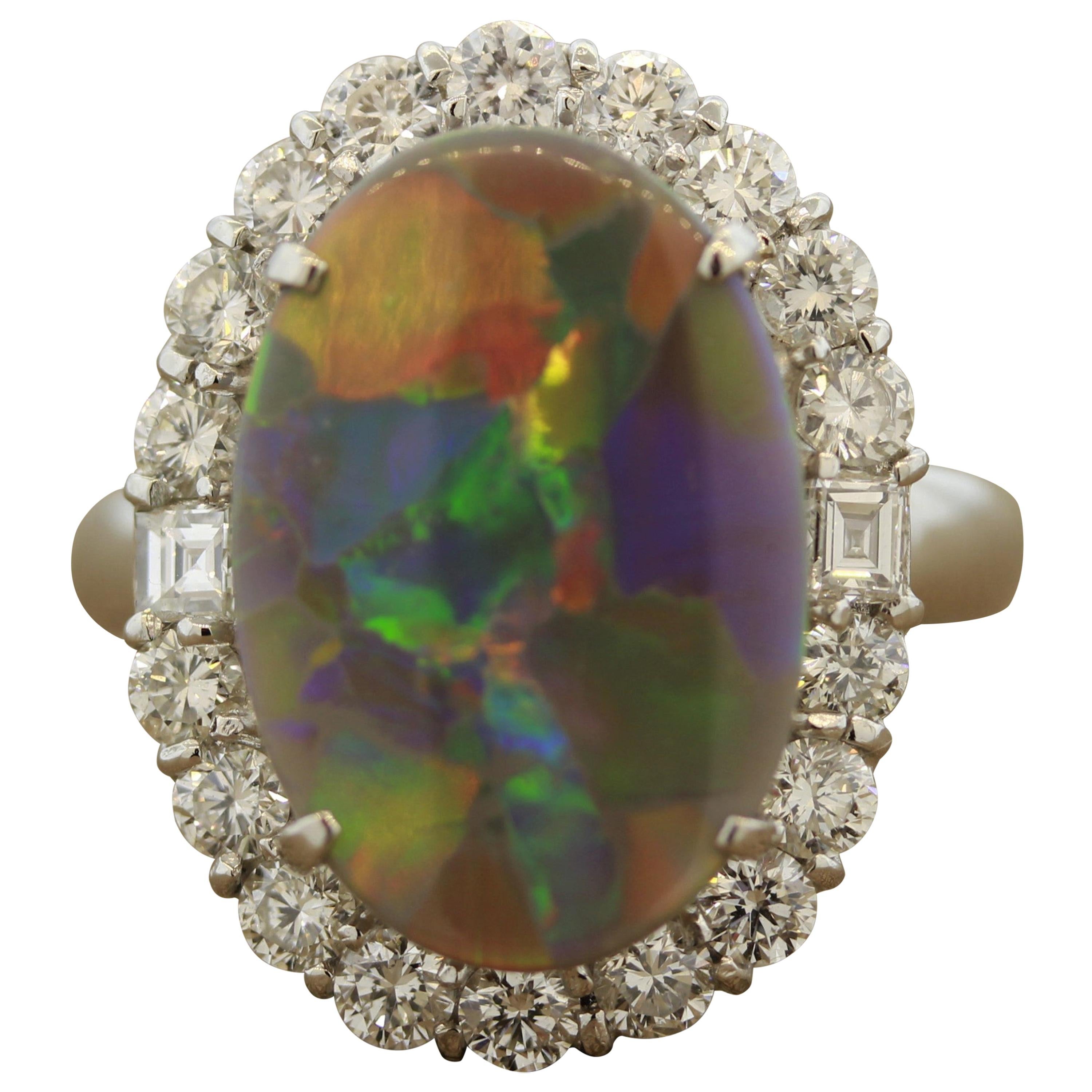 Rare Harlequin Australian Opal Diamond Platinum Ring