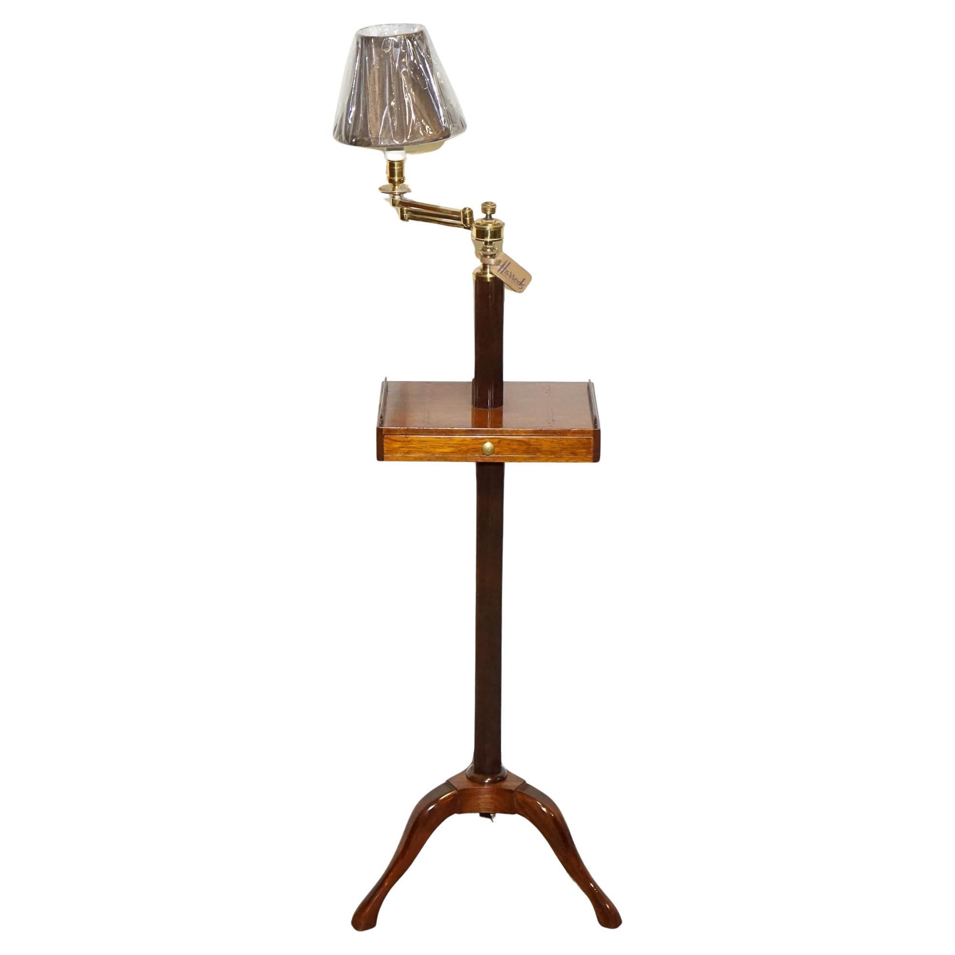 RARE HARRODS LONDON ENGLISH READING LAMP STAND SIDE TABLE WiTH LAMP For Sale