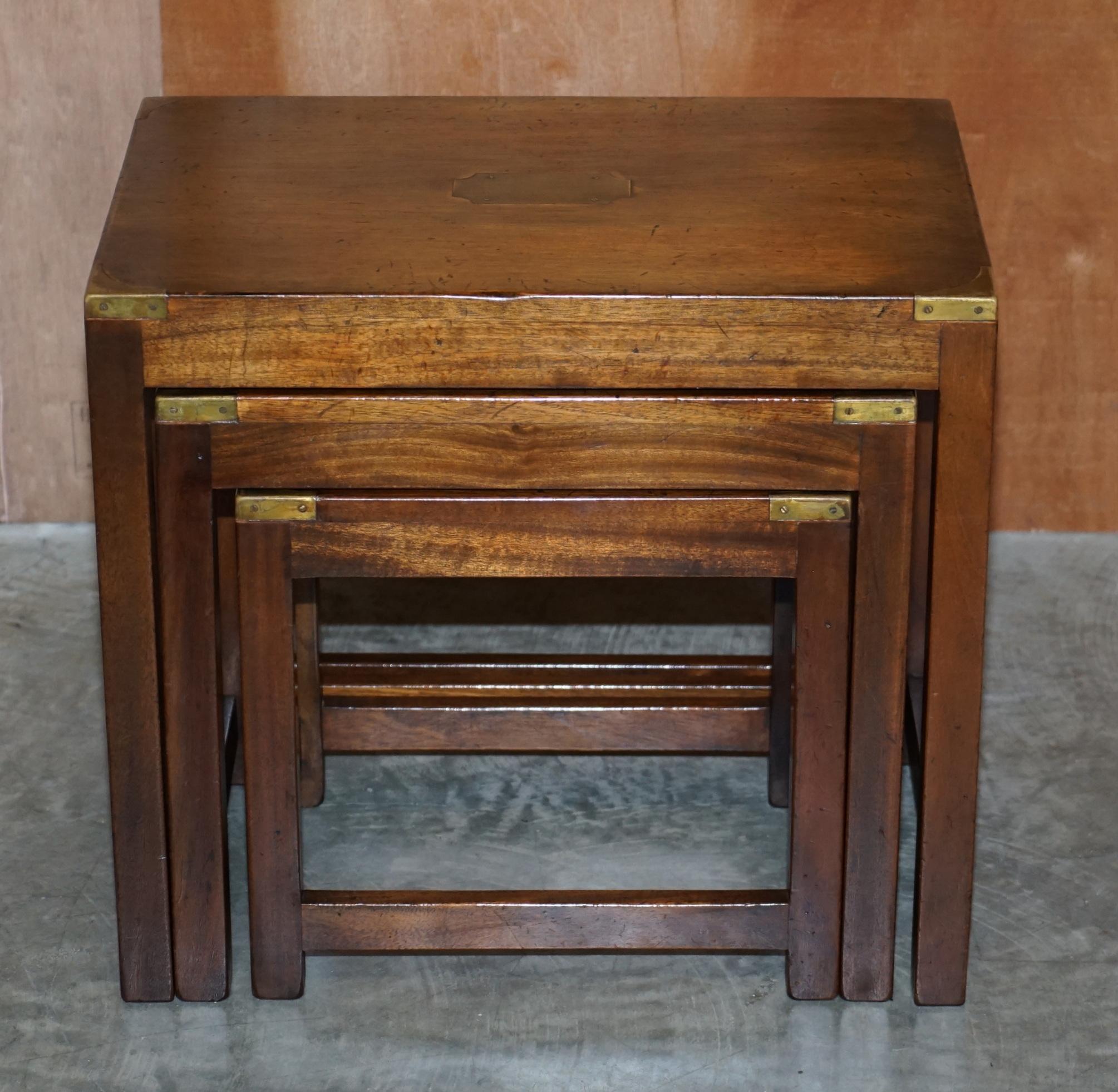 English Rare Harrods London Kennedy Hardwood Military Campaign Nest of Side End Tables