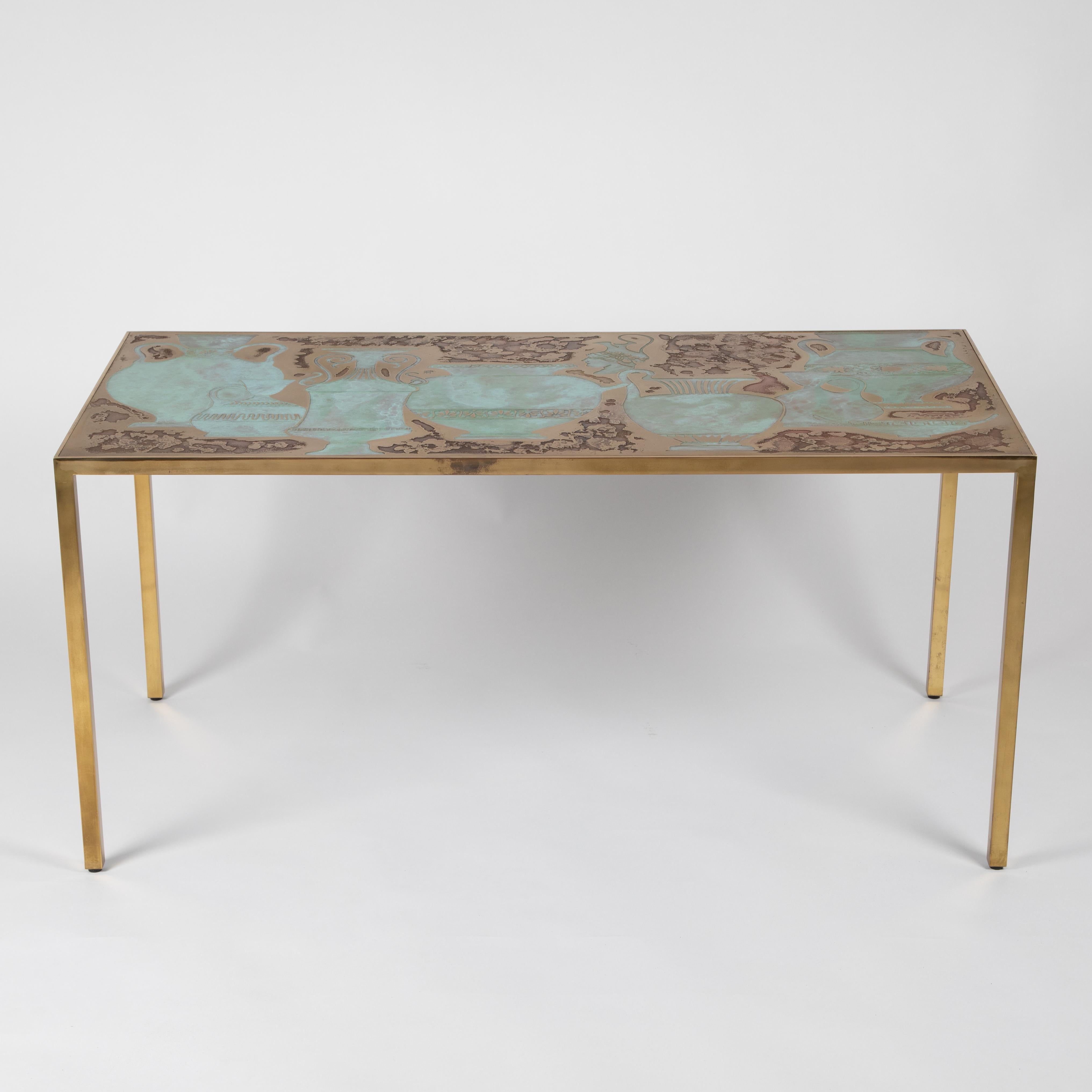 This stunning and seldom-seen Harvey Probber (American, 1922–2003) sofa or console table features an acid-etched and patinated bronze top with a minimalist, polished solid-brass frame. The top depicts a variety of artfully executed Greek pottery
