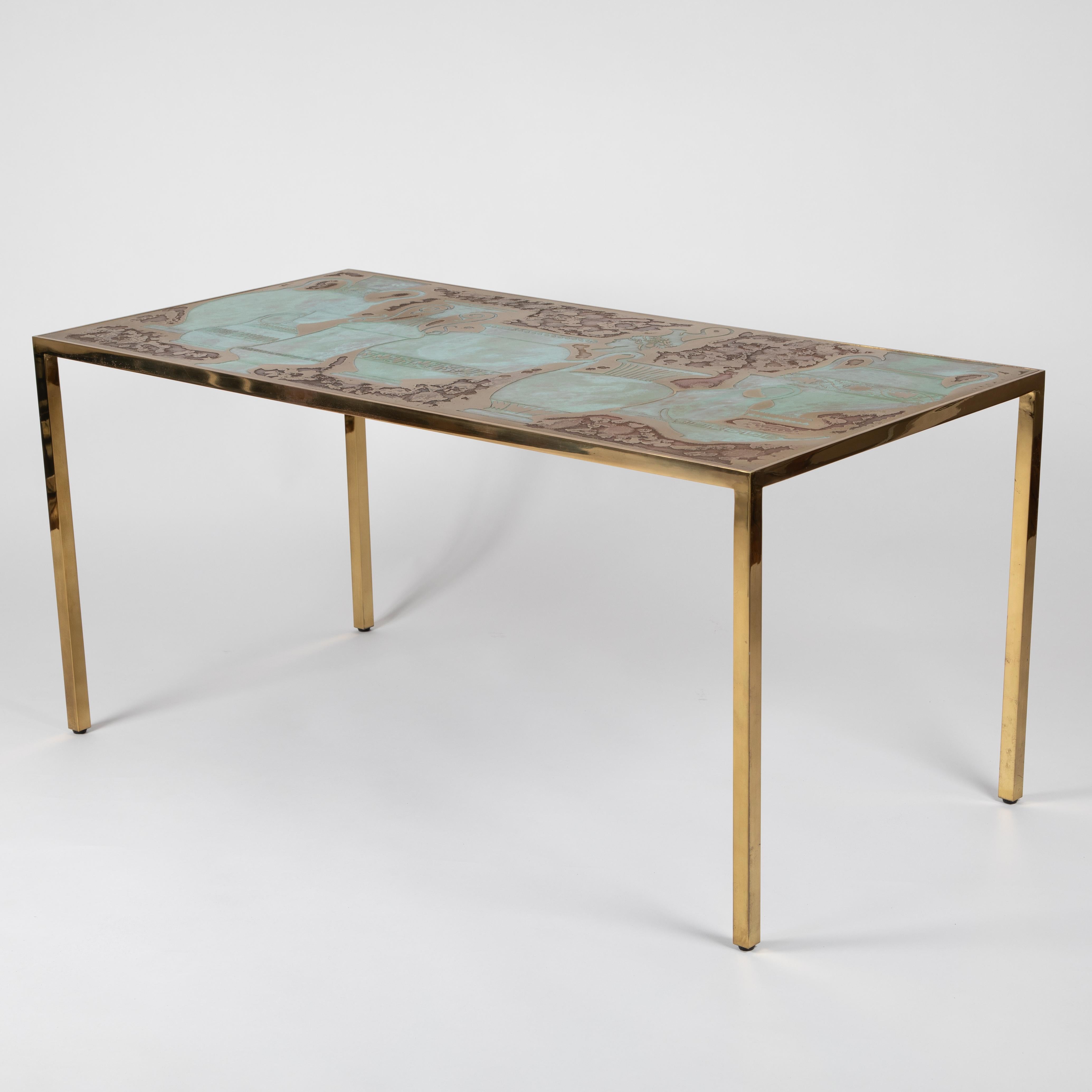 American Rare Harvey Probber Acid-Etched and Patinated Bronze Sofa Table, circa 1960s