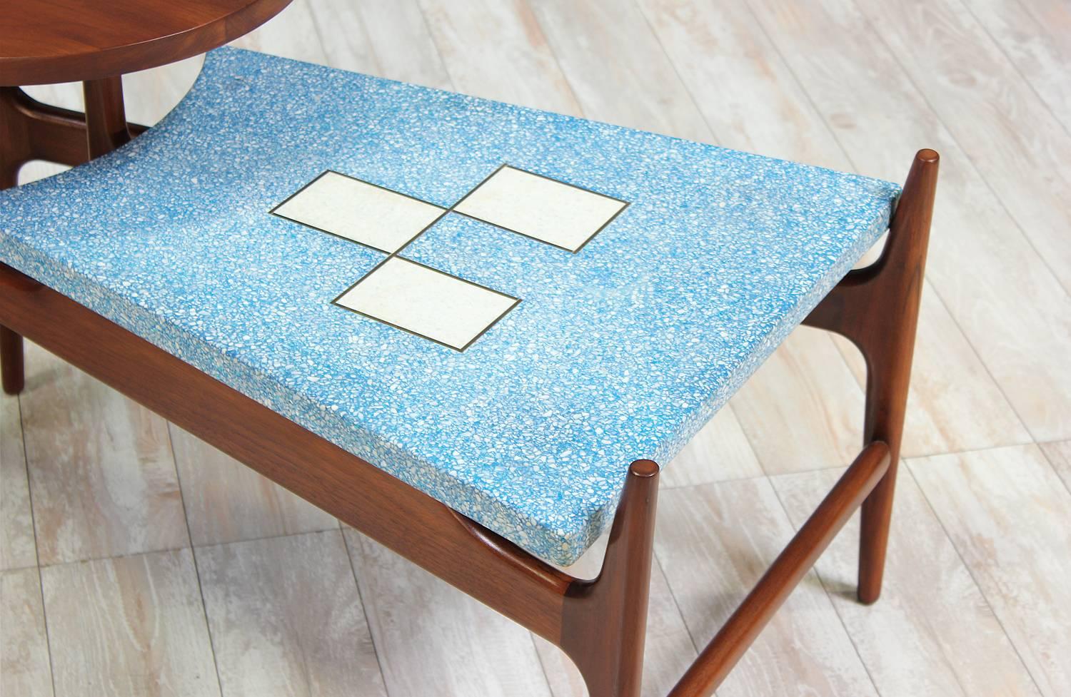 Brass Rare Harvey Probber Blue Terrazzo Floating-Top Side Tables