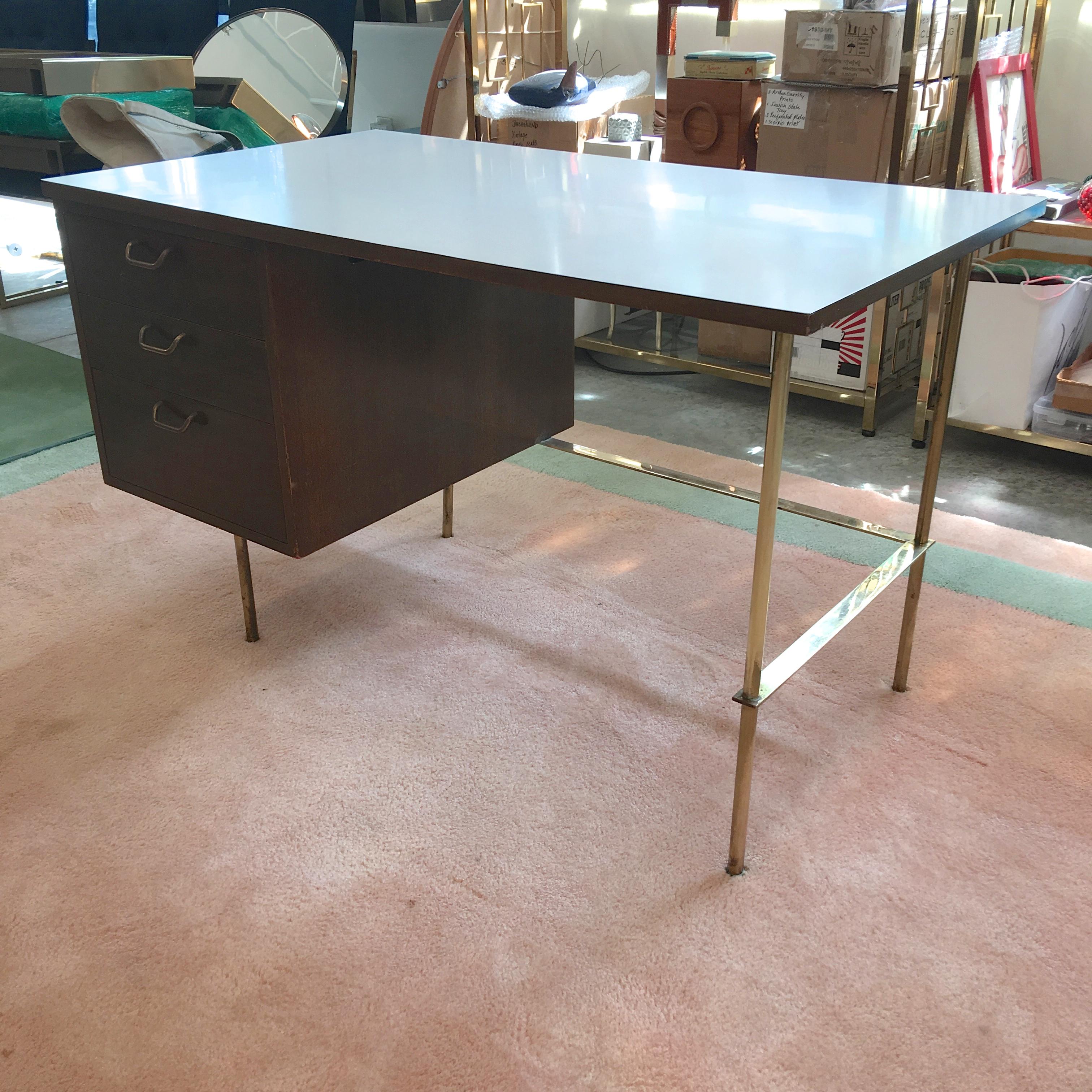 Rare Harvey Probber Brass and Mahogany Desk In Excellent Condition For Sale In Hanover, MA