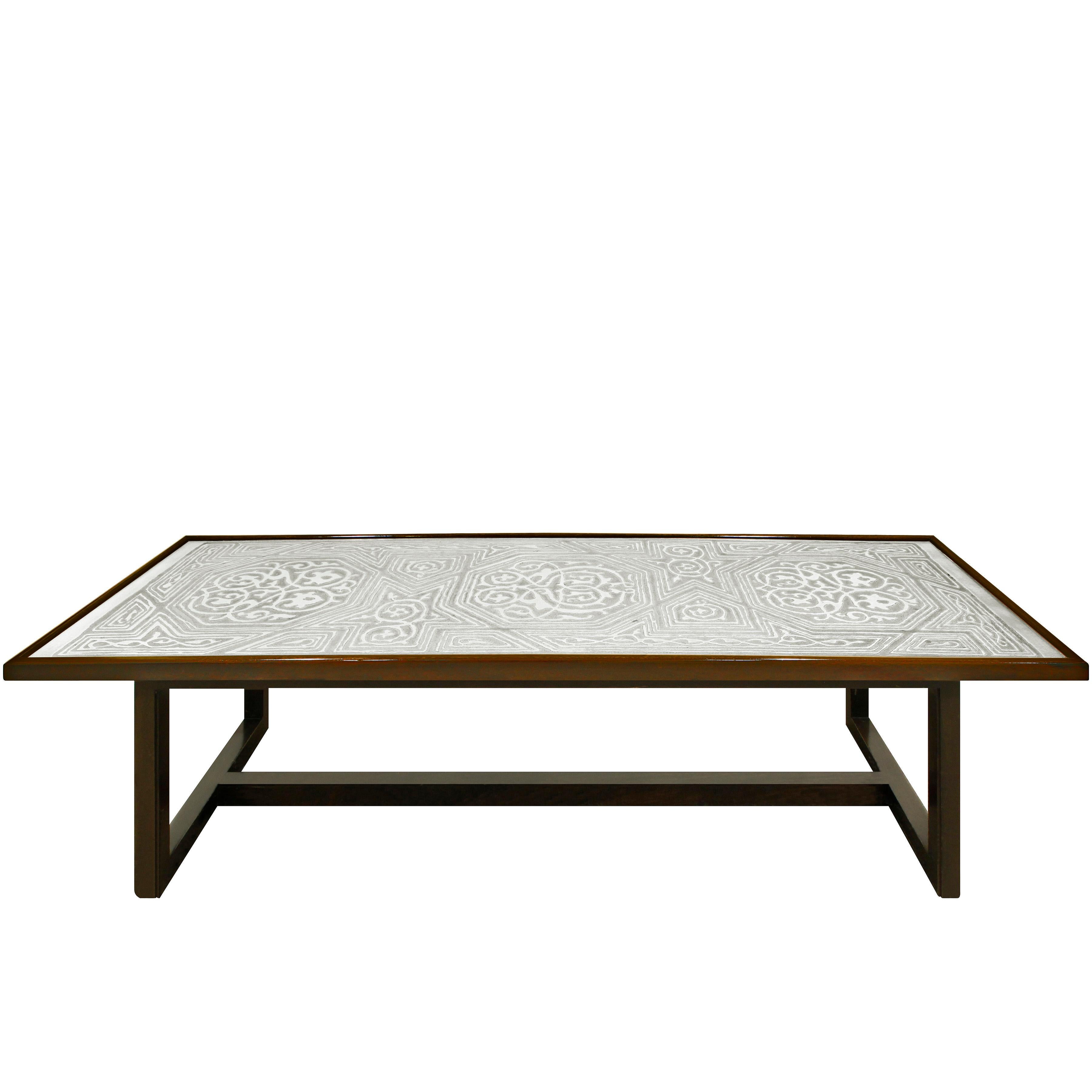 Rare and exceptional coffee table No. 1322 with etched metal top and mahogany base by Harvey Probber, American 1950s. This coffee table was only in production for a short time. The etched metal top was made by artist Arpad Rosti with whom Probber