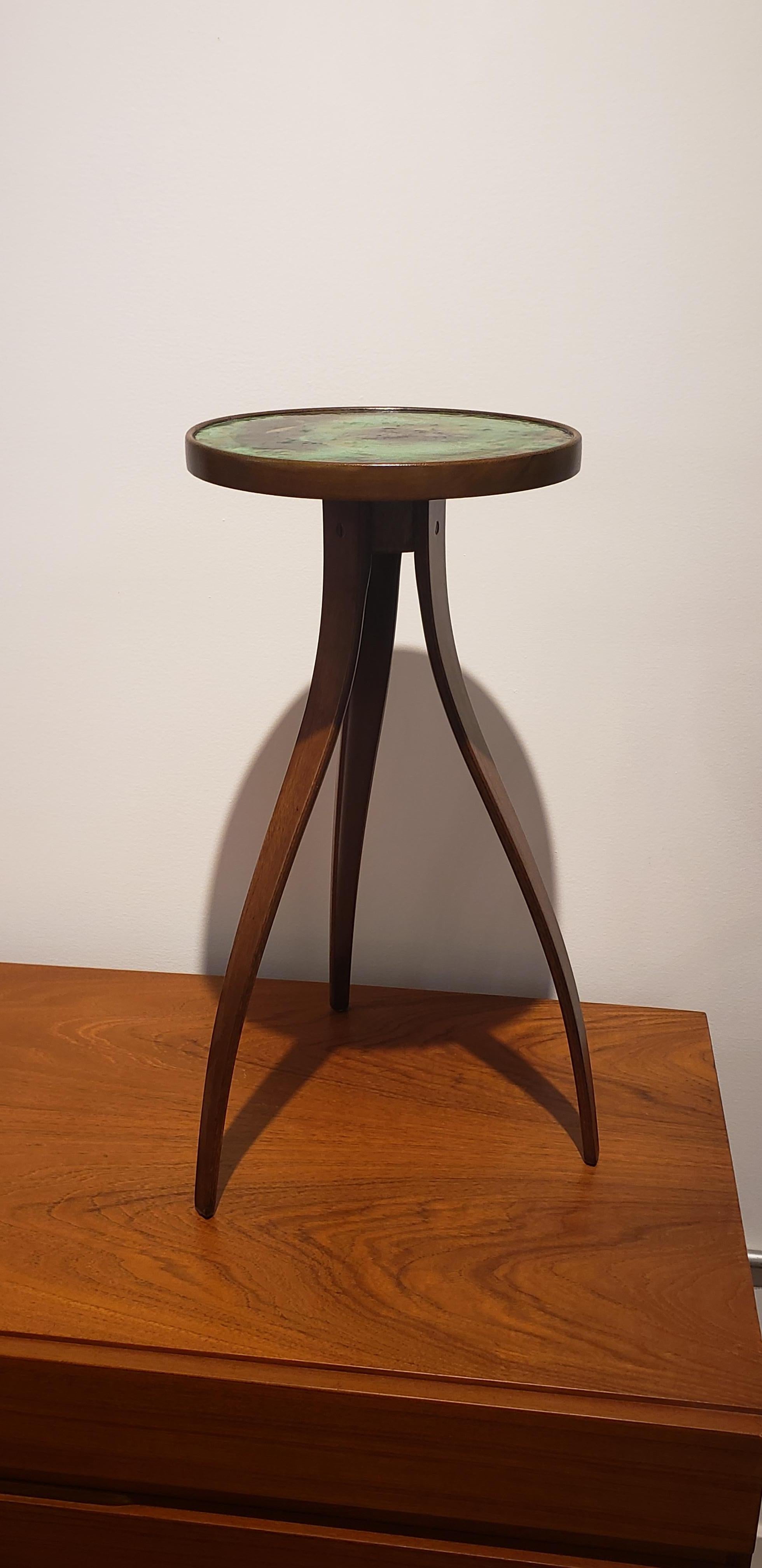 American Rare Harvey Probber Mahogany Enamel Copper Round Side Drink Table For Sale