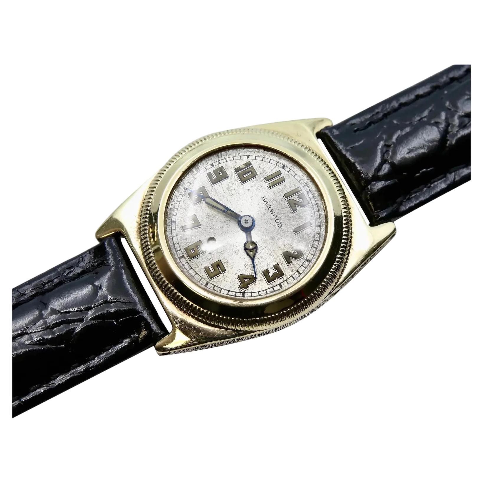 Rare Harwood Early Automatic Wrist Watch in 14K Solid Gold For Sale
