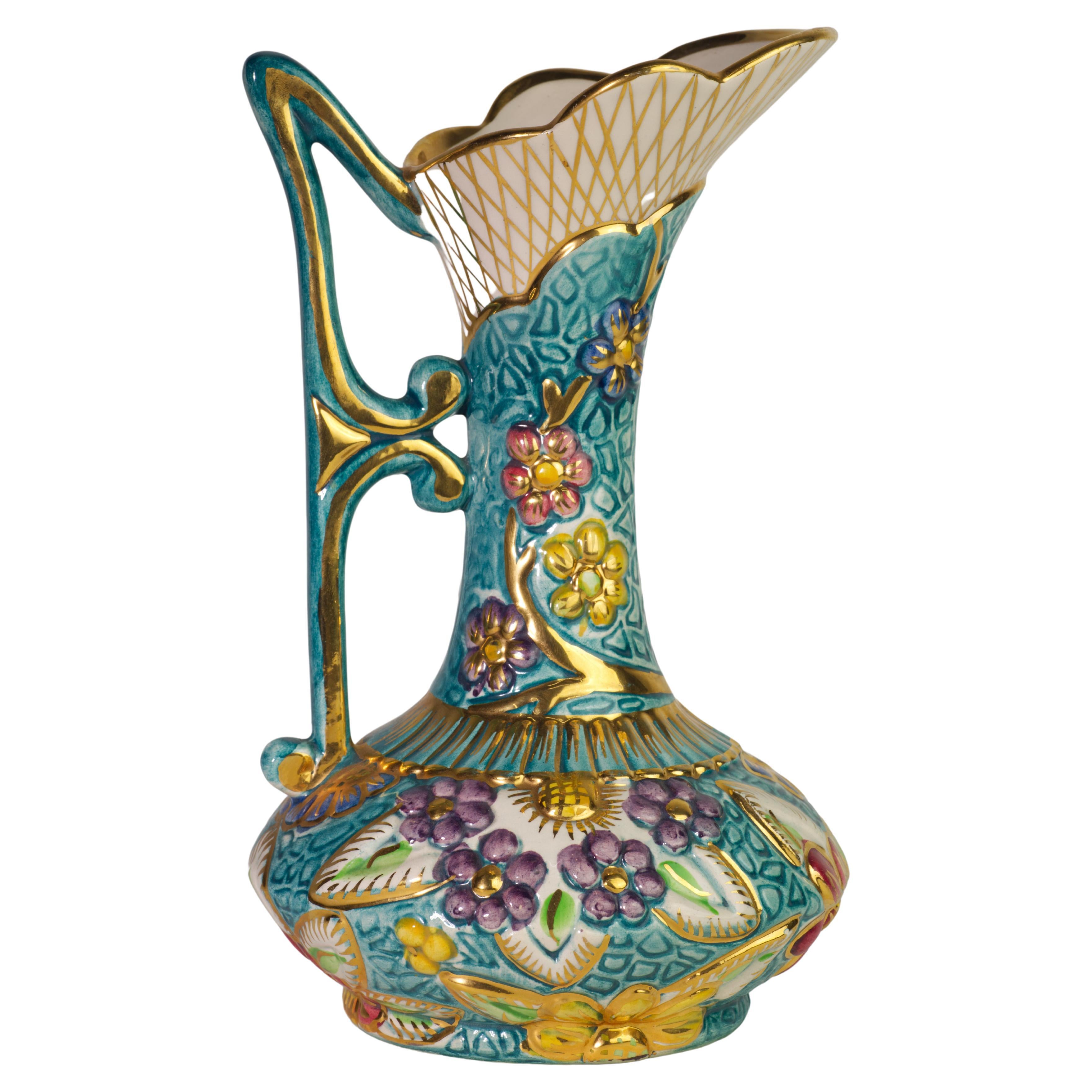Rare H.Bequet Faience Floral Relief Pitcher Vase, Belgium Ceramics