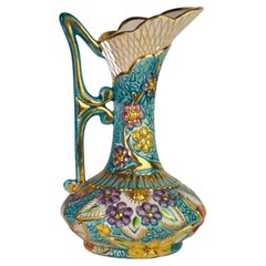 Rare H.Bequet Faience Floral Relief Pitcher Vase, Belgium Ceramics