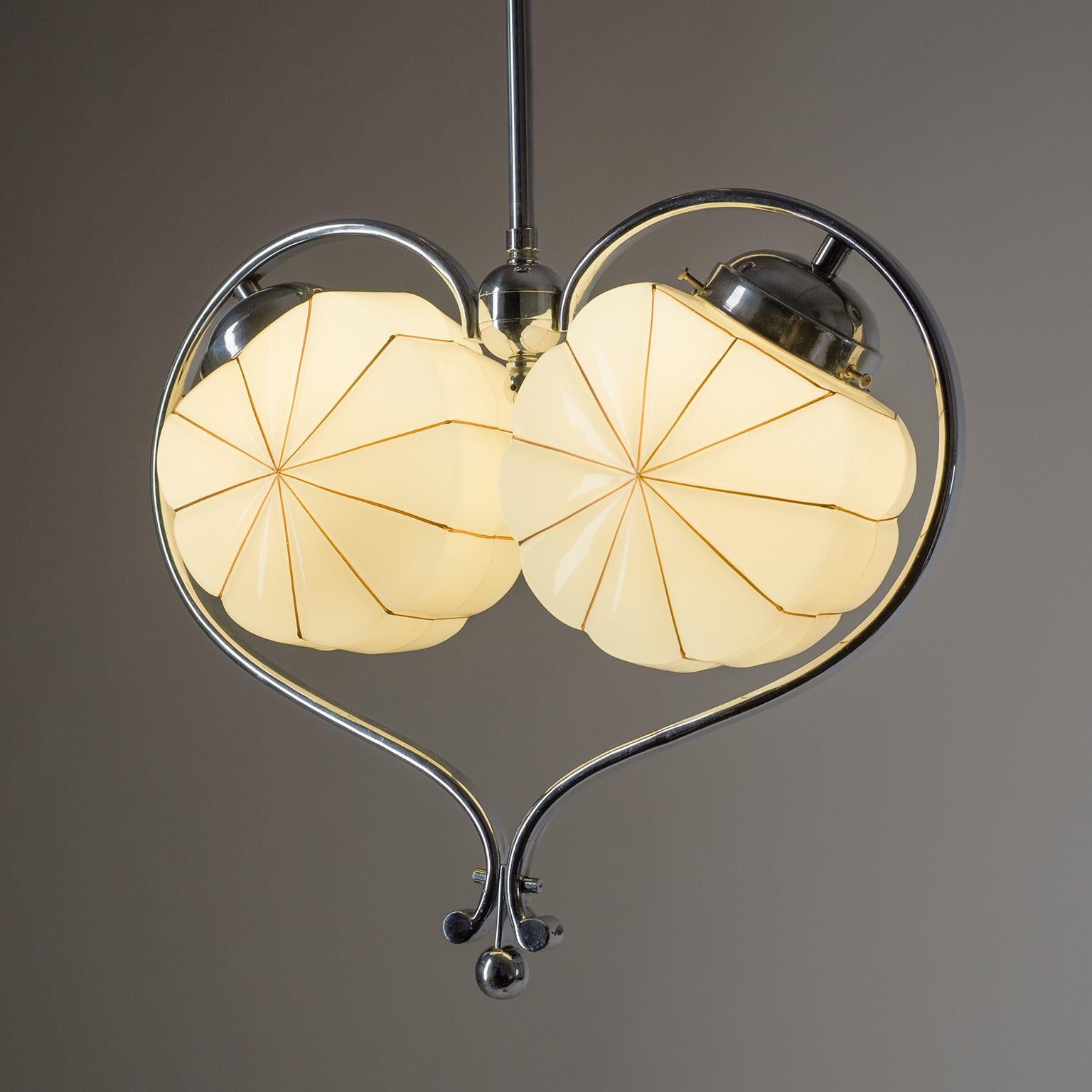 Enameled Rare Heart Shaped Art Deco Chandelier, 1930s