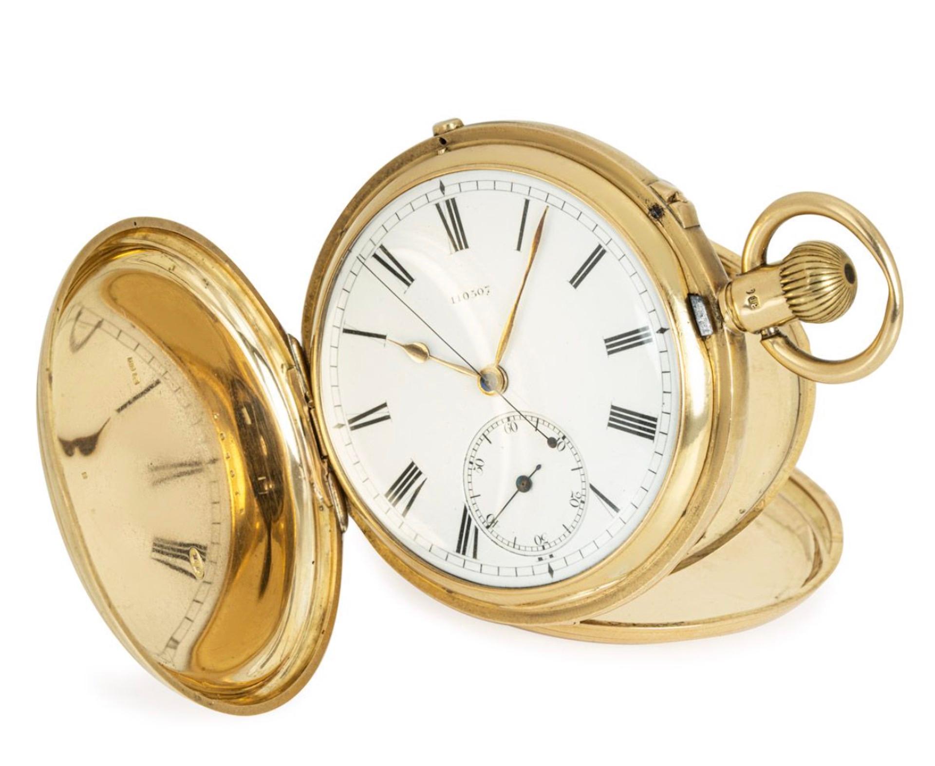W. Ehrhardt. A Rare Heavy 18ct Gold Keyless Lever Independent Seconds Full Hunter Pocket Watch C1884.

Dial: The white enamel numbered Roman Dial with outer minute track subsidiary seconds dial at six o'clock with gold coloured hands and blued steel