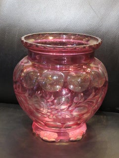 Rare Heavy 19th C Bohemian Crystal Cranberry to Clear Floral Scrolled Etch Vase