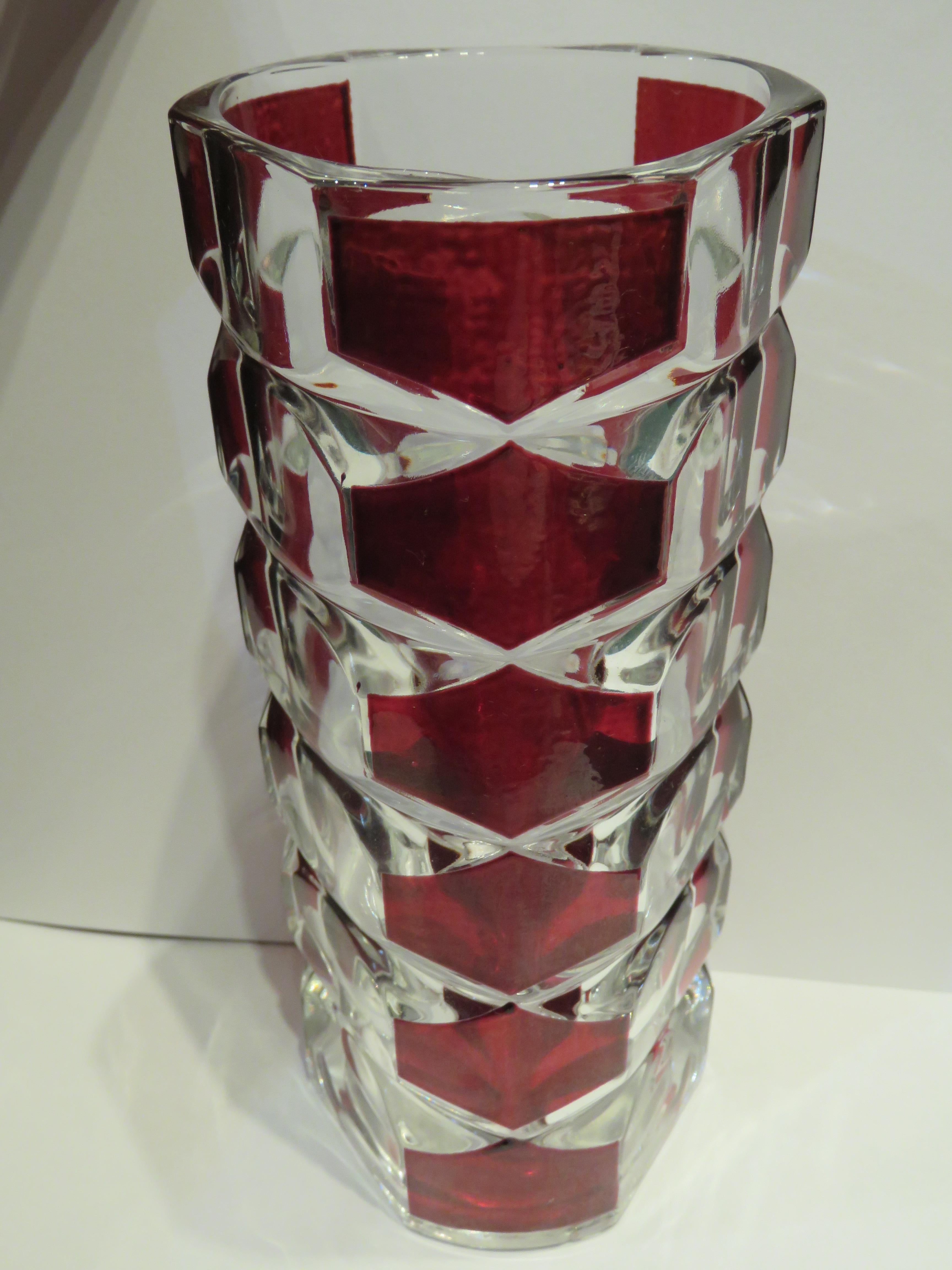 19th Century Rare Heavy 19th C French Crystal Cranberry Clear Vase Attributed to Baccarat For Sale