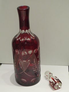 Rare Heavy 19th Century French Ruby Red Cut Crystal Clear Wine Liquor Decanter