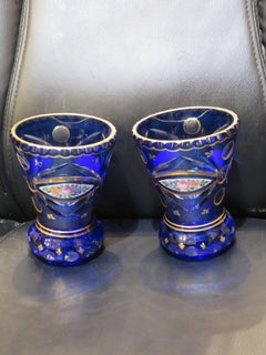 Rare Heavy 19TH Century Handpainted Cobalt Blue Bohemian Moser Gold Leaf Vases