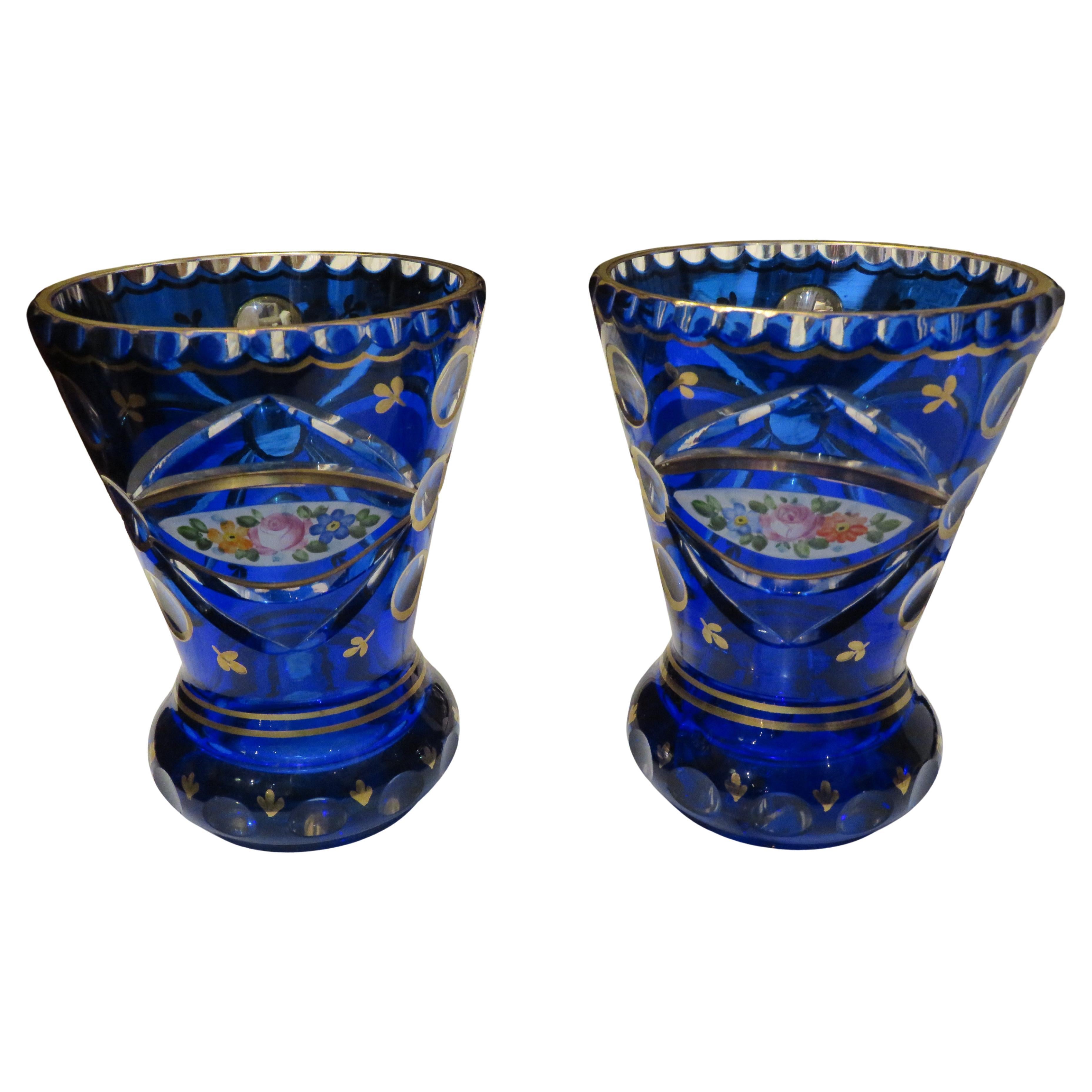 Rare Heavy 19TH Century Handpainted Cobalt Blue Bohemian Moser Gold Leaf Vases