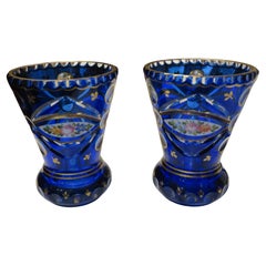 Rare Heavy 19TH Century Handpainted Cobalt Blue Bohemian Moser Gold Leaf Vases