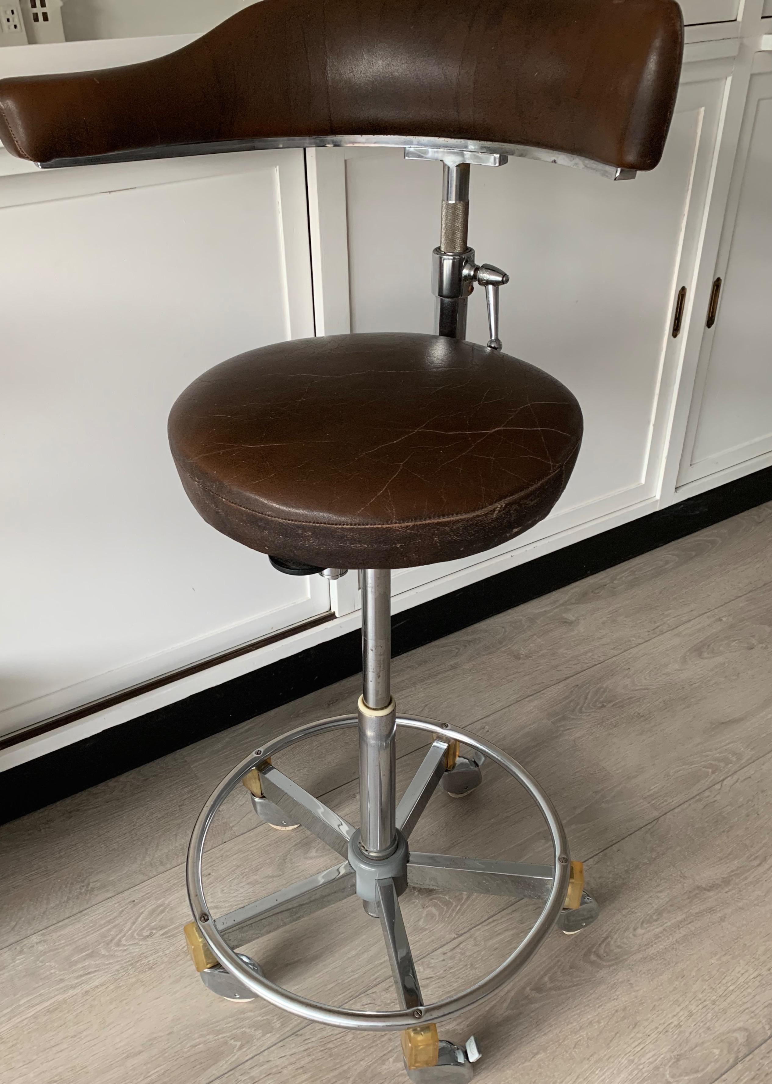 European Rare & Height Adjustable Industrial Chrome Artist Studio Spindle Chair or Stool