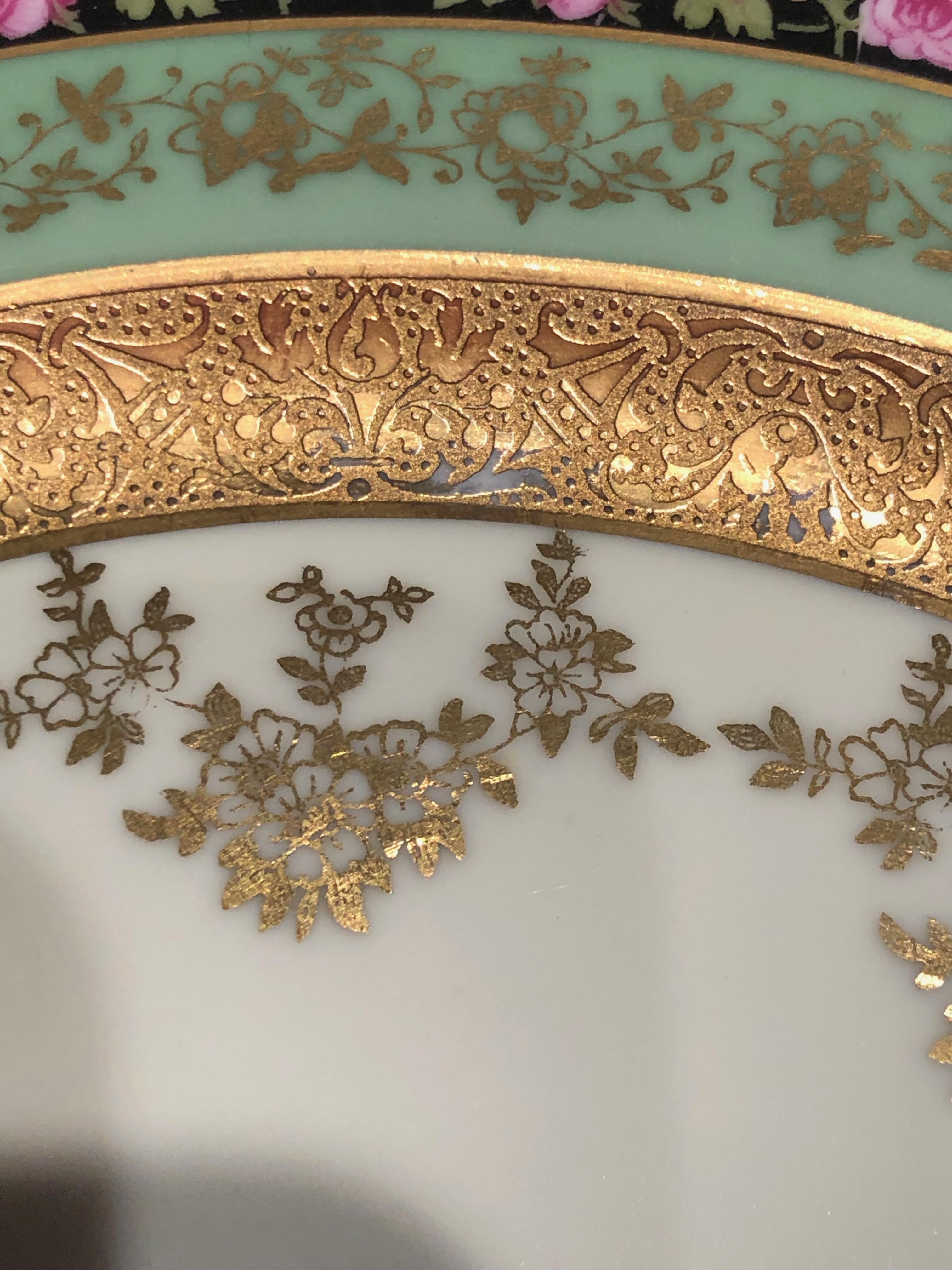 Porcelain Rare Heinrich & Co. Selb Floral Gold Encrusted Service Cabinet Plates Set of 11 For Sale