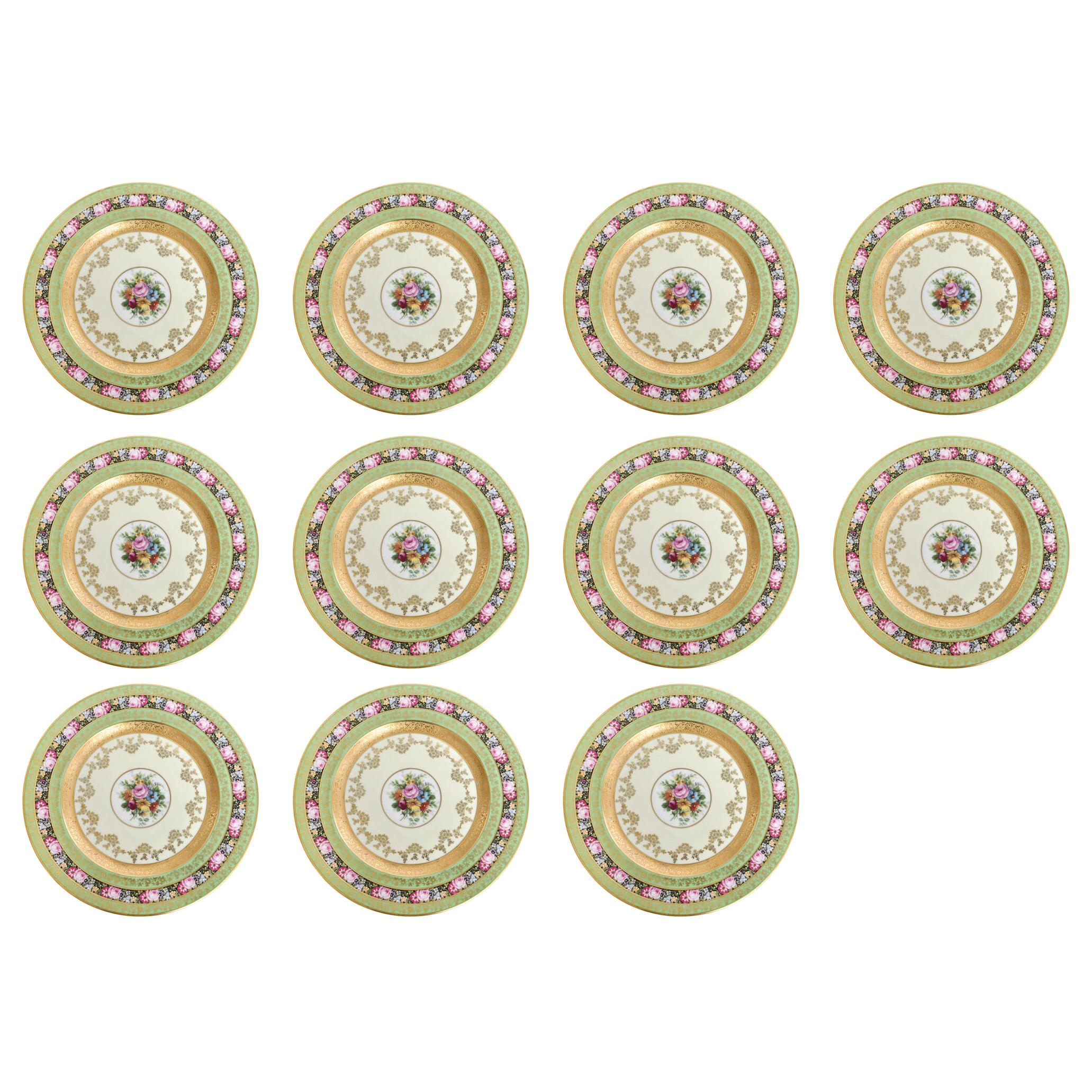 Rare Heinrich & Co. Selb Floral Gold Encrusted Service Cabinet Plates Set of 11