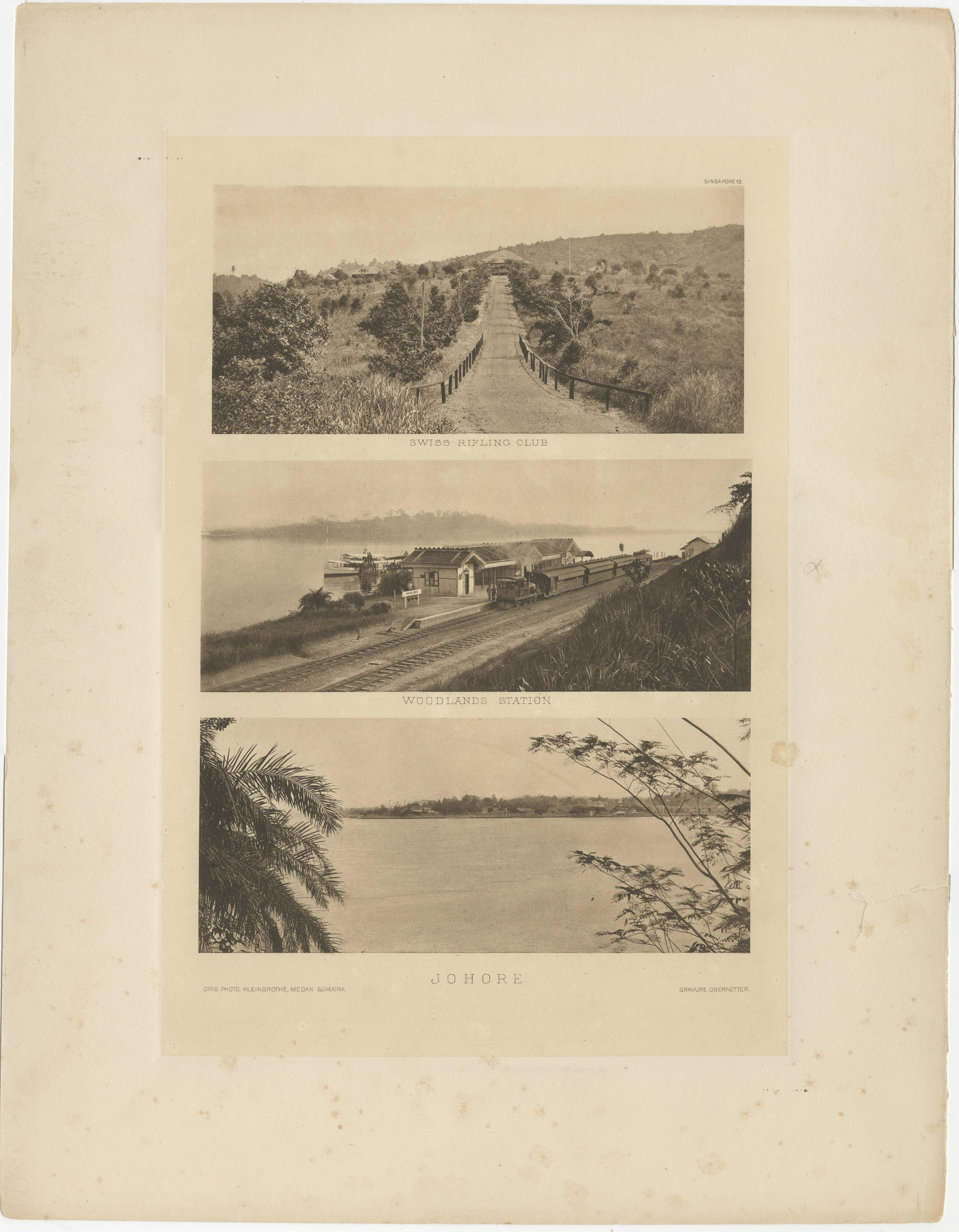 Rare views of early Singapore and Johore in 1907. 

1) Swiss Rifling Club
2) Woodlands Station
3) Johore


These heliogravures are on one leaf from the extremely rare boxed Malay Peninsula portfolio originally containing 72 leaves in total