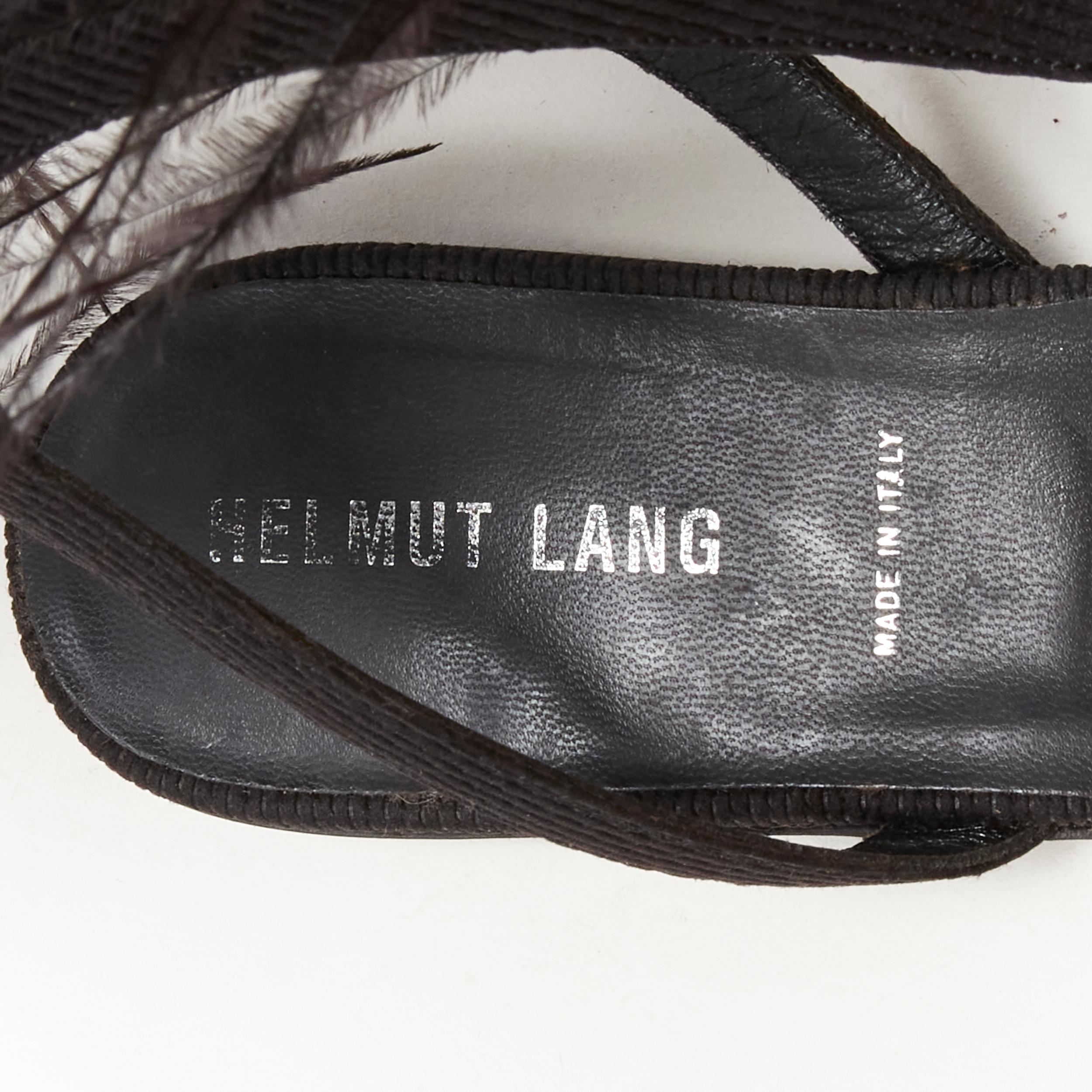 rare HELMUT LANG Vintage black feather trim T-strap open toe flat sandals EU36 For Sale 6