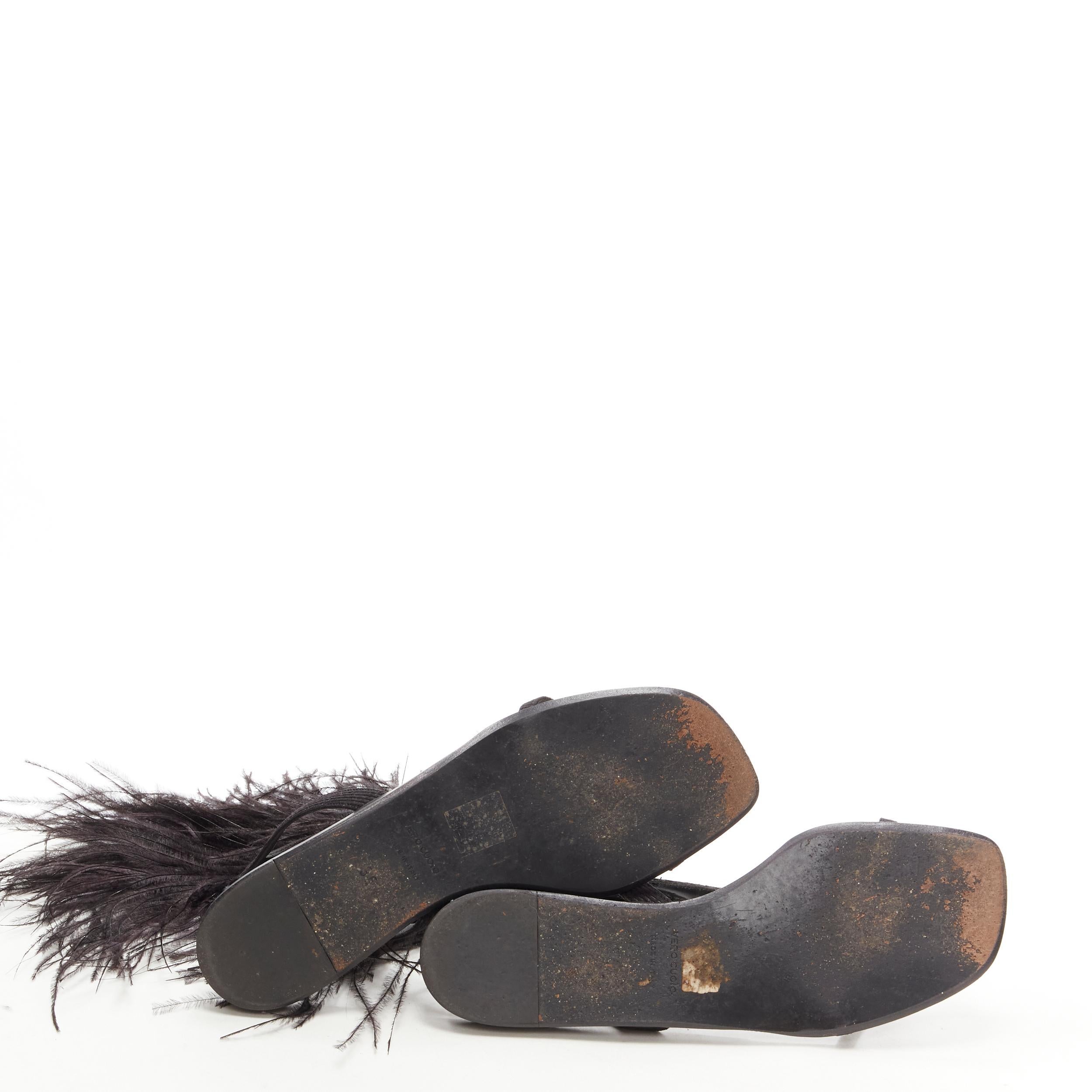 rare HELMUT LANG Vintage black feather trim T-strap open toe flat sandals EU36 For Sale 7