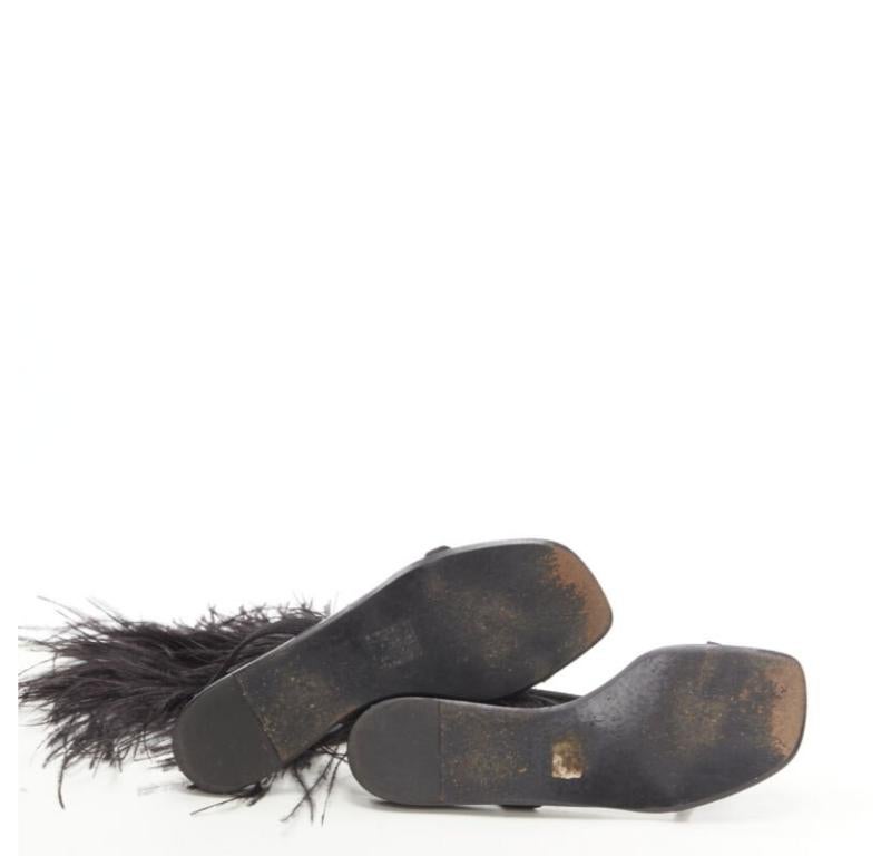 rare HELMUT LANG Vintage black feather trim T-strap open toe flat sandals EU36 6