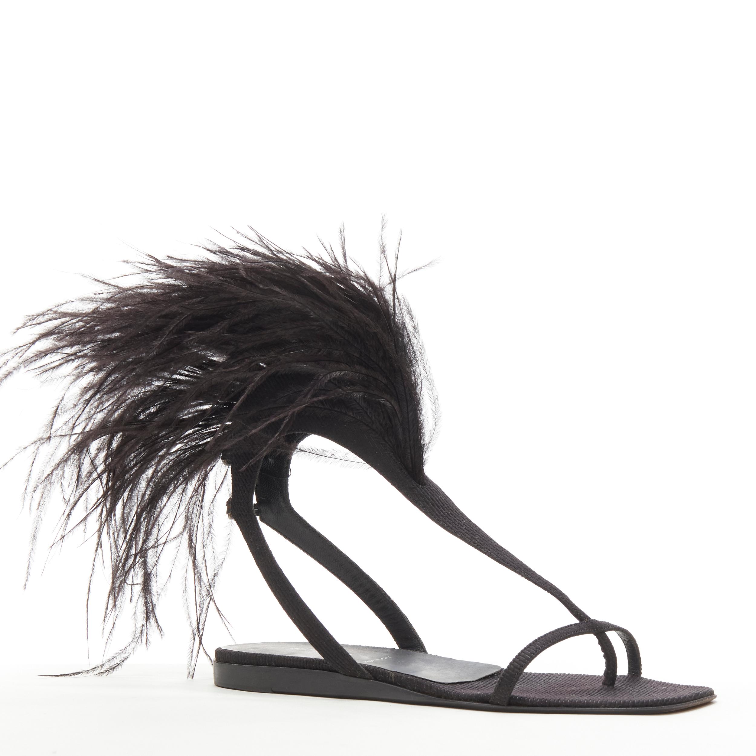 rare HELMUT LANG Vintage black feather trim T-strap open toe flat sandals EU36 In Good Condition For Sale In Hong Kong, NT