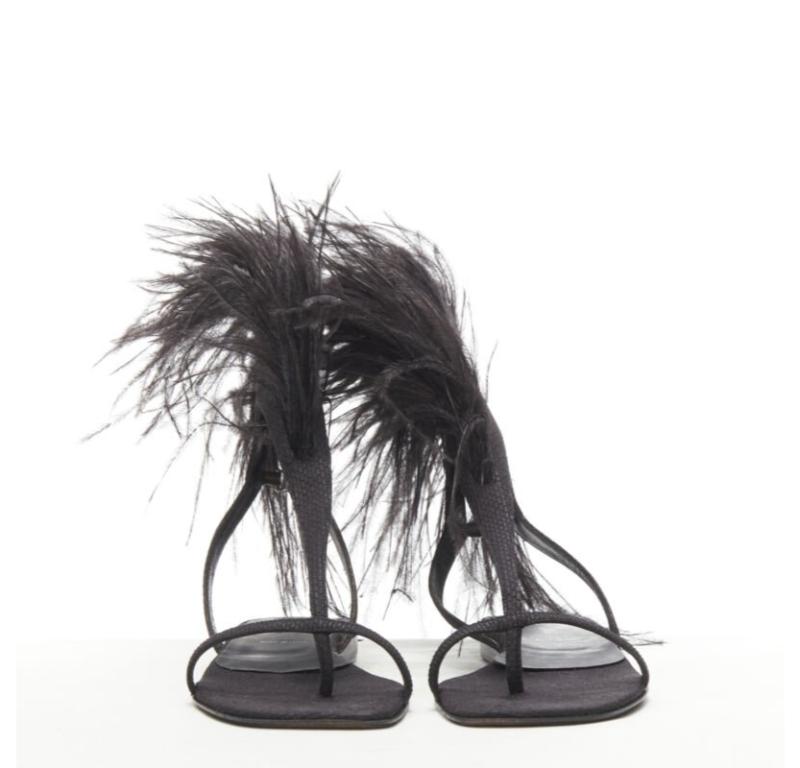 Black rare HELMUT LANG Vintage black feather trim T-strap open toe flat sandals EU36