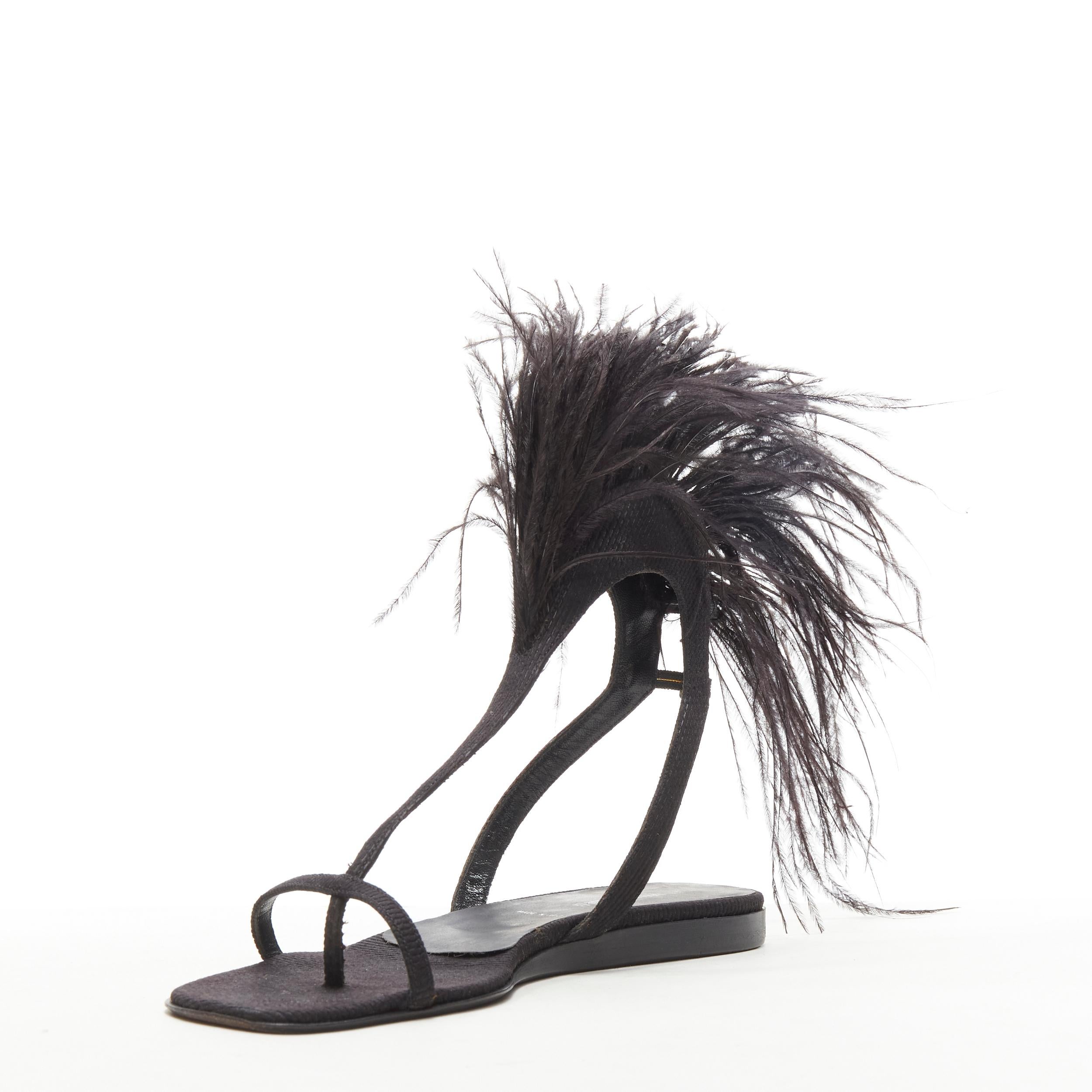 Women's rare HELMUT LANG Vintage black feather trim T-strap open toe flat sandals EU36 For Sale