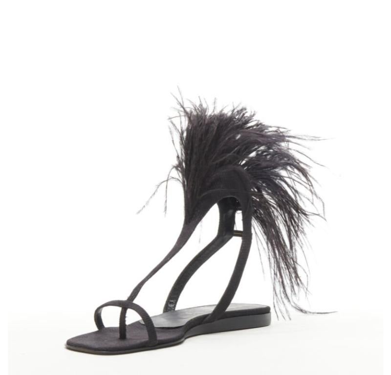 rare HELMUT LANG Vintage black feather trim T-strap open toe flat sandals EU36 In Good Condition In Hong Kong, NT