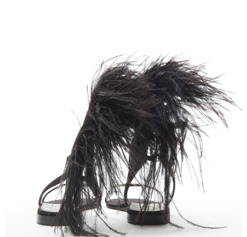 Women's rare HELMUT LANG Vintage black feather trim T-strap open toe flat sandals EU36