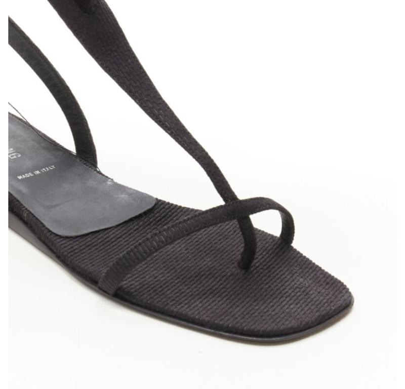 rare HELMUT LANG Vintage black feather trim T-strap open toe flat sandals EU36 2